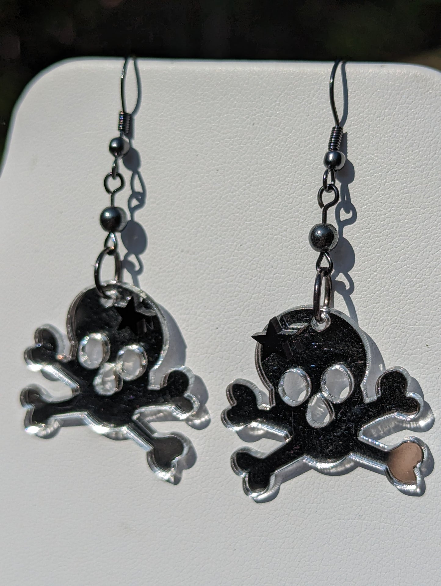 Skull and Crossbones Mirror Earrings with Hematite Bead