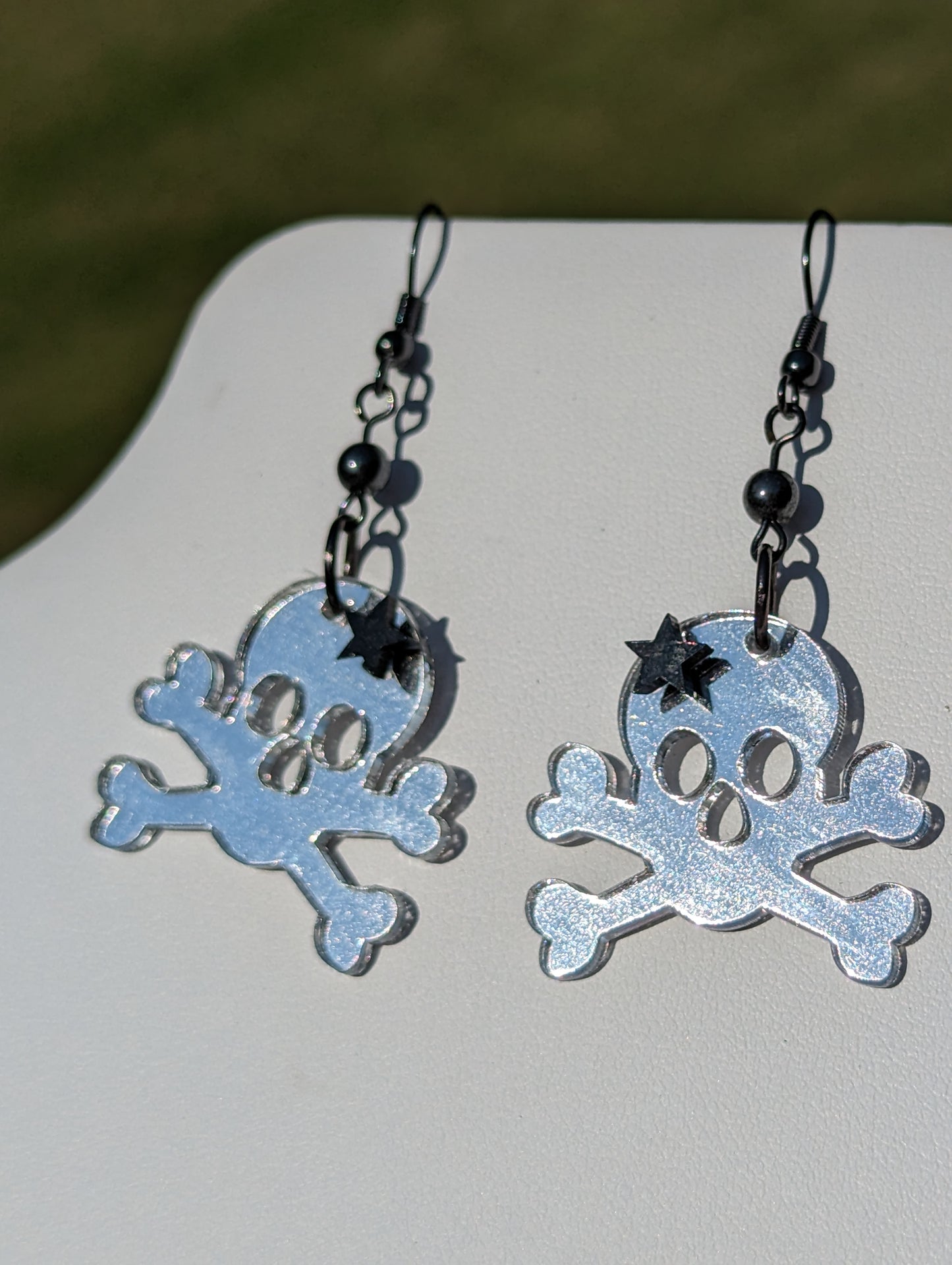 Skull and Crossbones Mirror Earrings with Hematite Bead