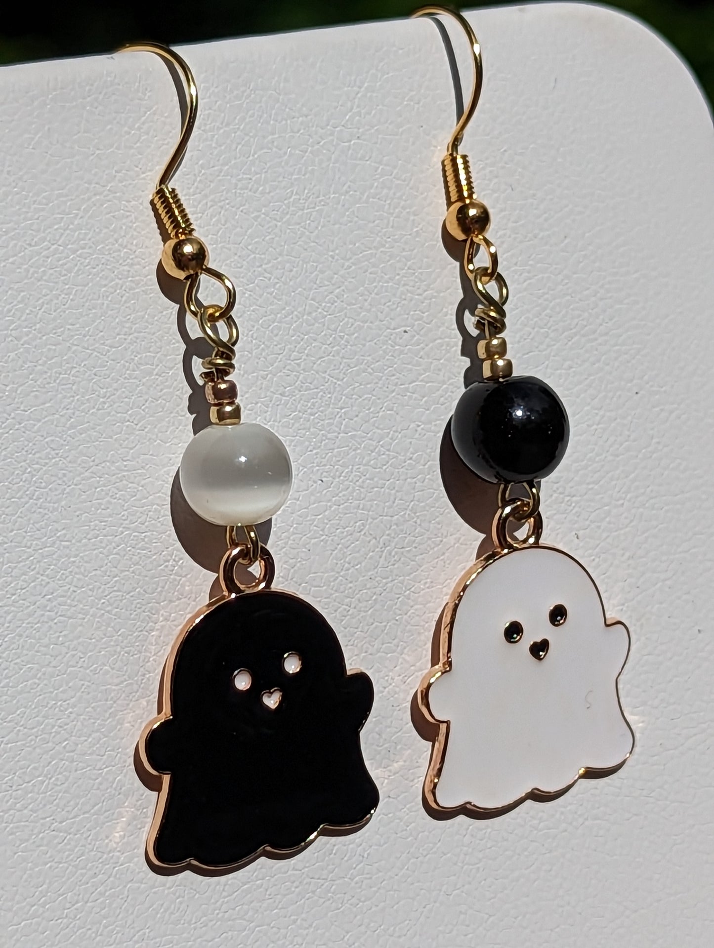 Ghost Earrings with Black and White Cat's Eye Beads