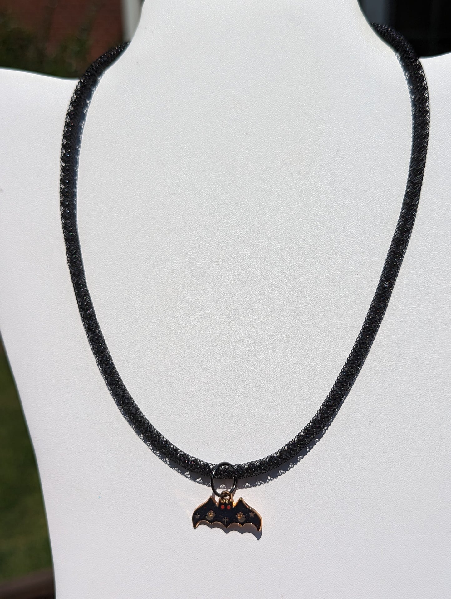 Halloween Bat Charm on Beaded and Mesh Necklace