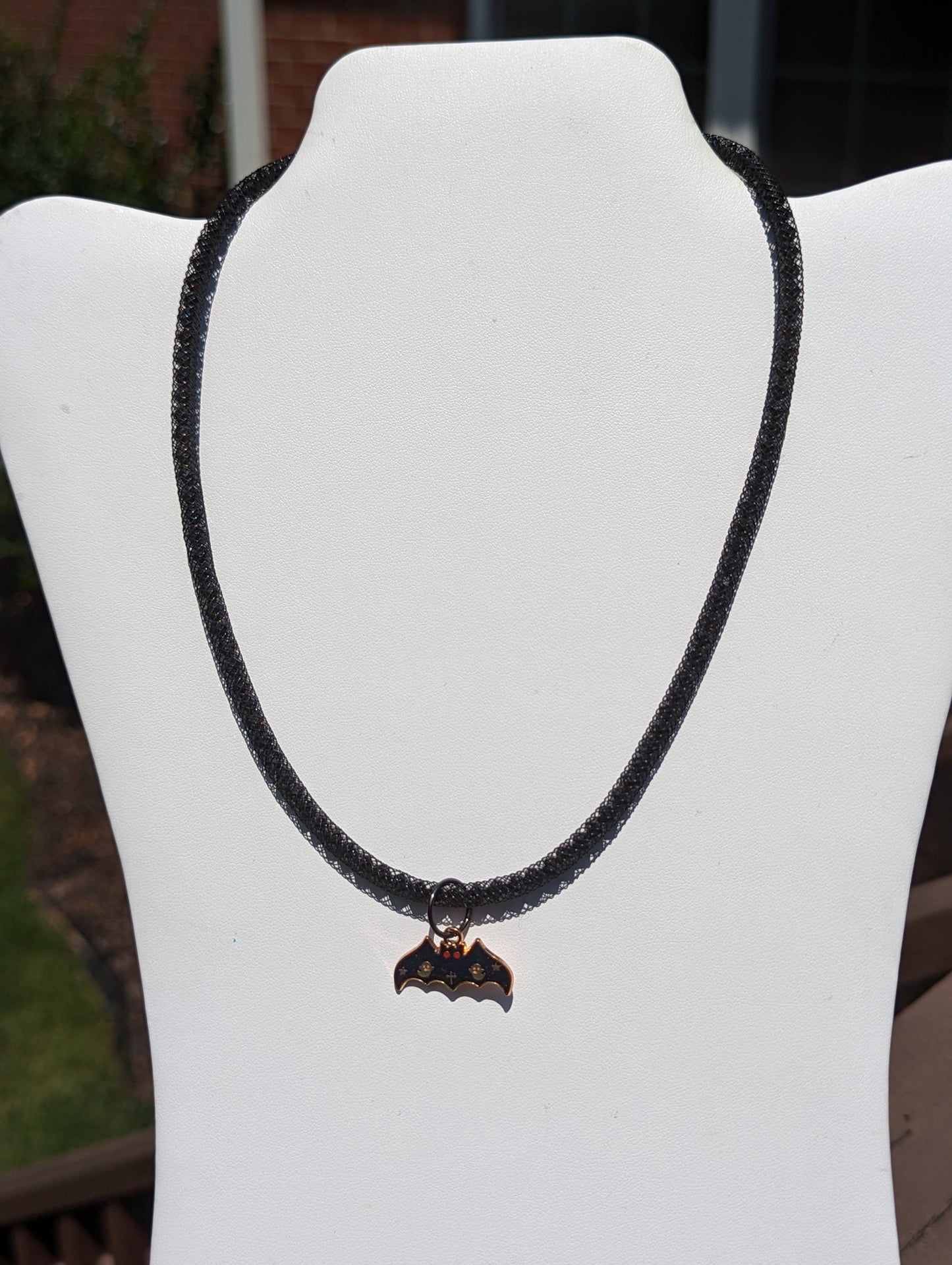 Halloween Bat Charm on Beaded and Mesh Necklace