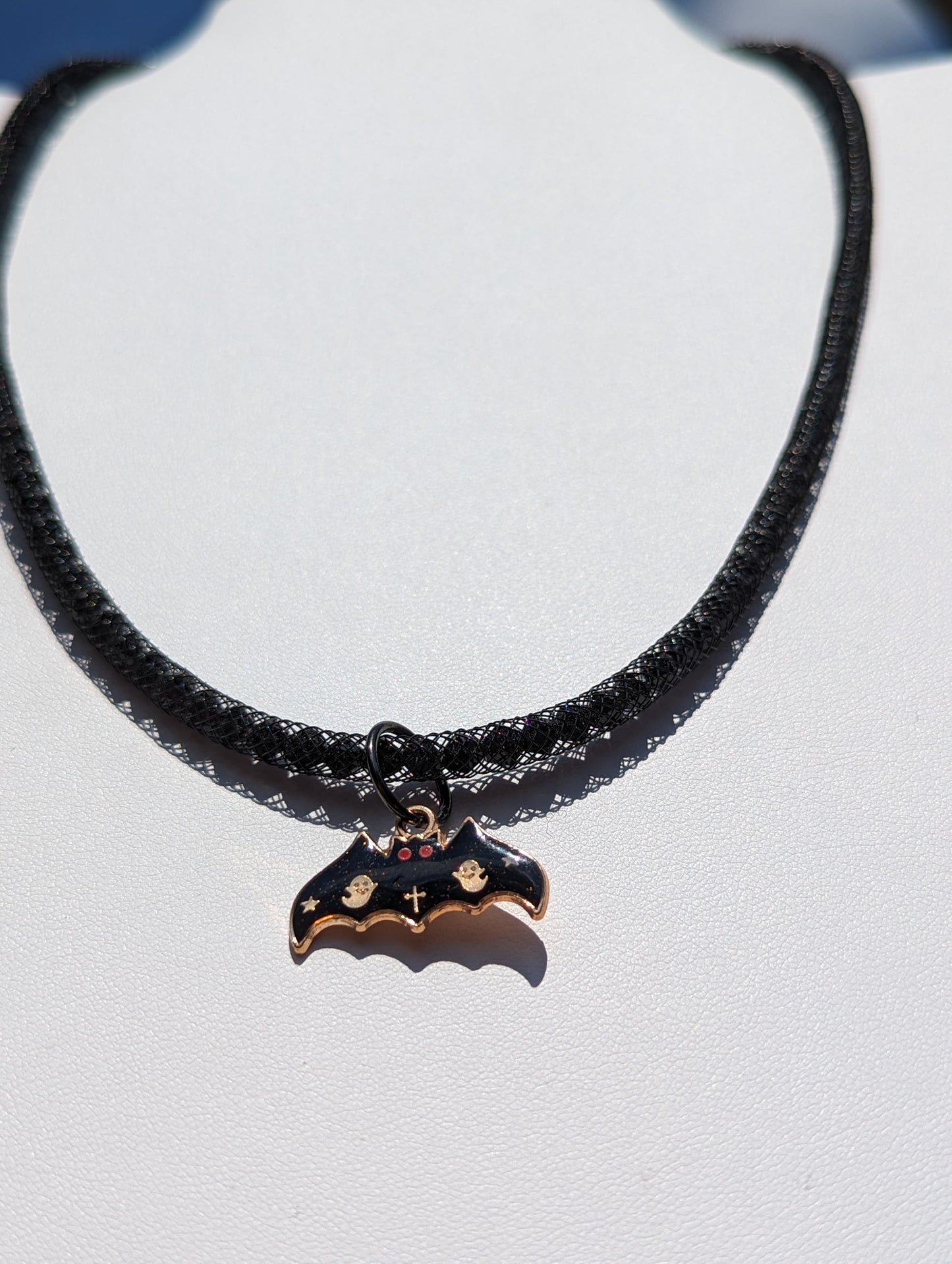 Halloween Bat Charm on Beaded and Mesh Necklace