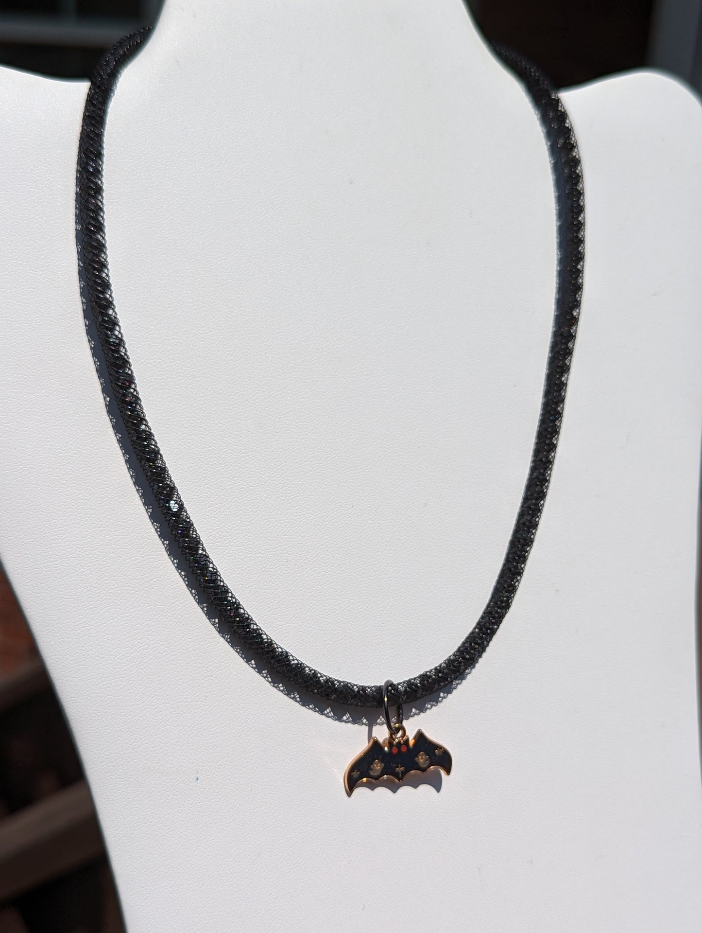 Halloween Bat Charm on Beaded and Mesh Necklace