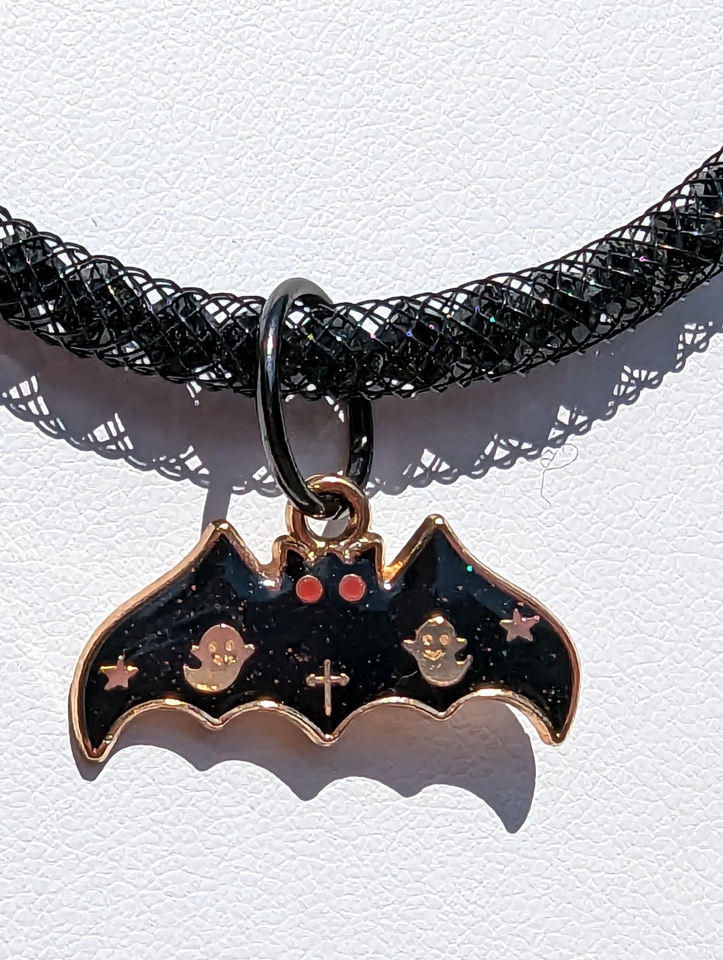 Halloween Bat Charm on Beaded and Mesh Necklace