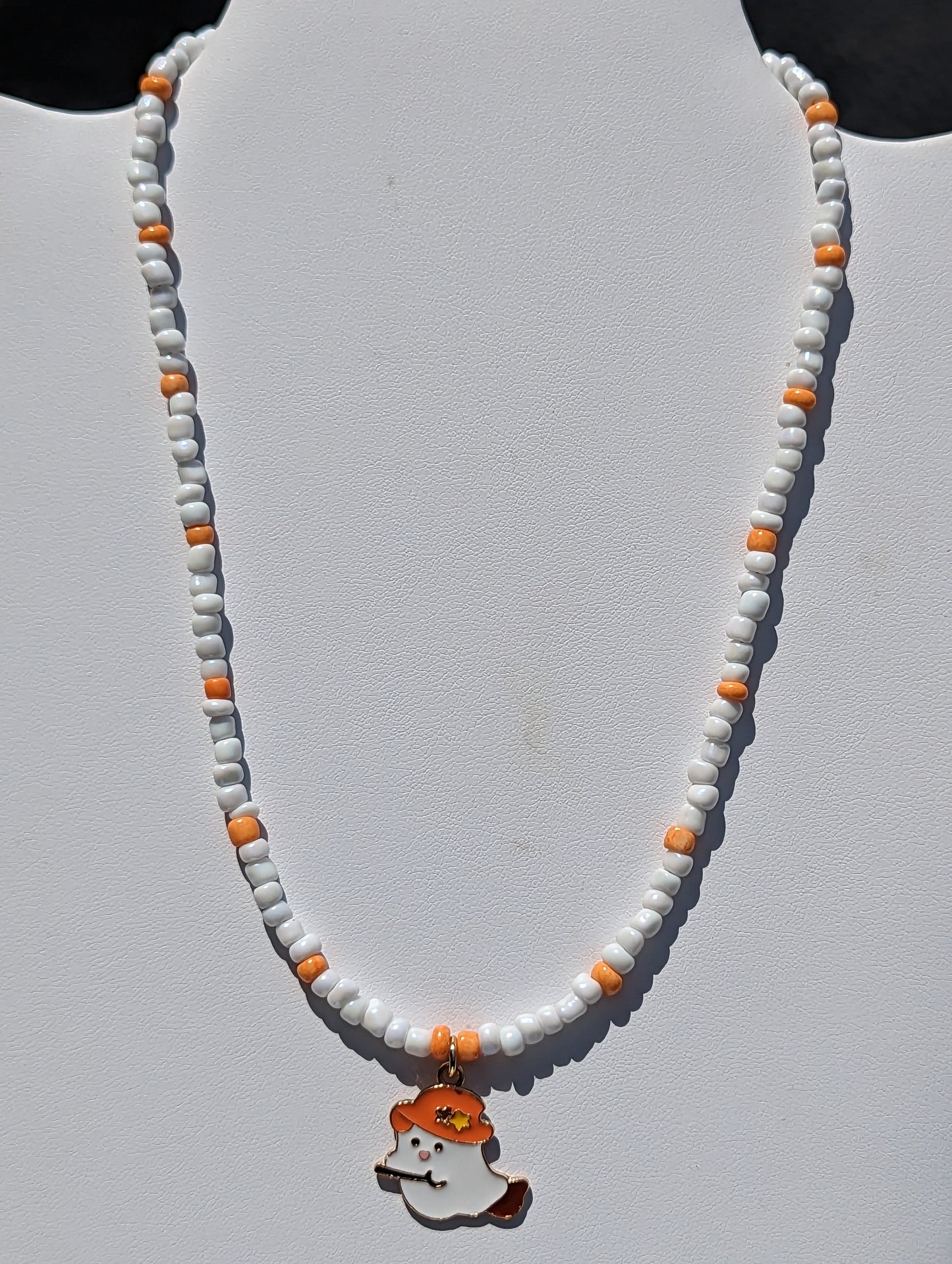 Friendly Ghost Pendant on White and Orange Beaded Necklace