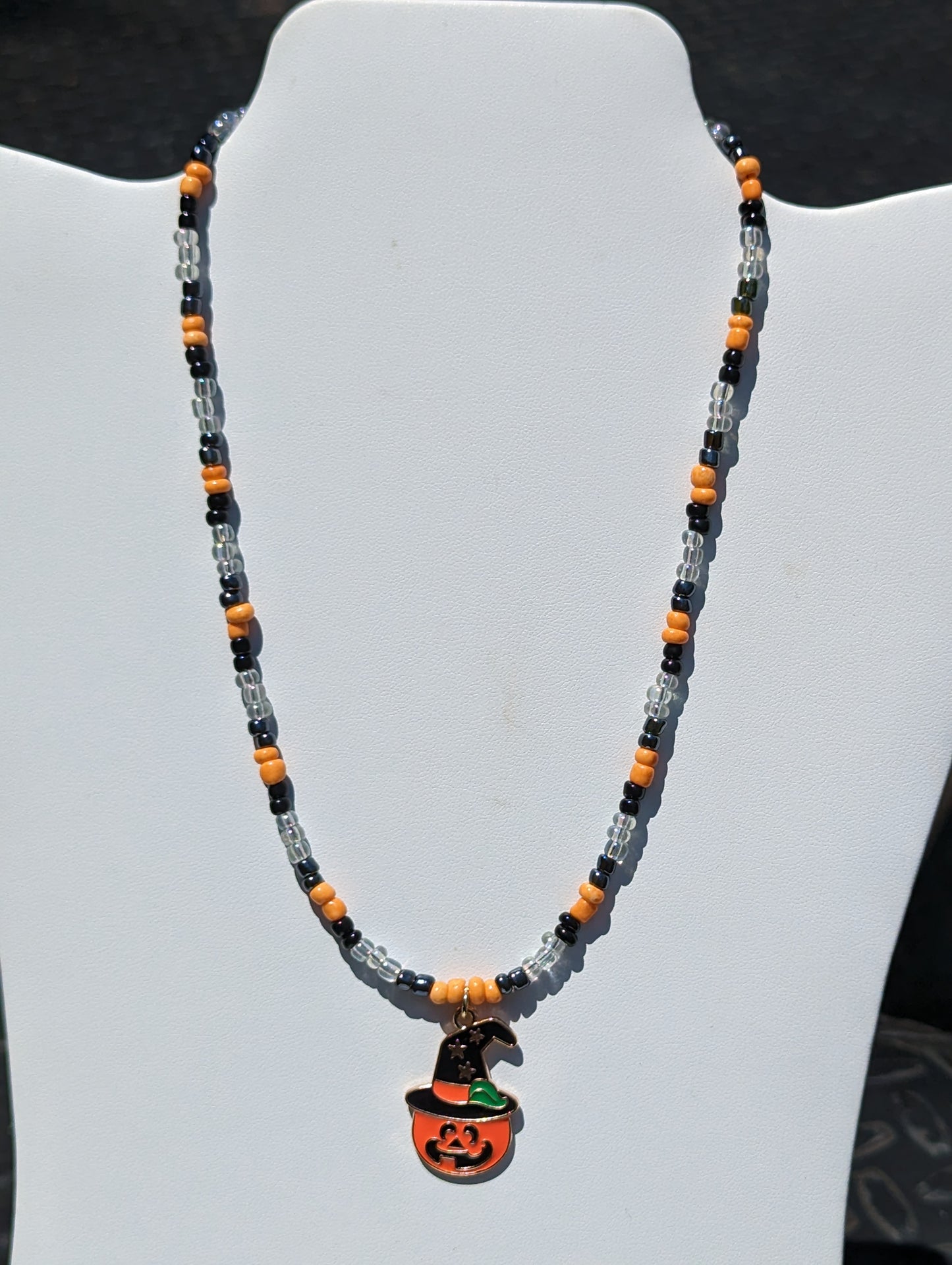 Jack-o-Lantern Witch Charm on Beaded Necklace