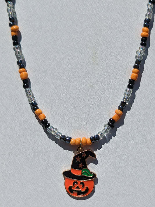 Jack-o-Lantern Witch Charm on Beaded Necklace