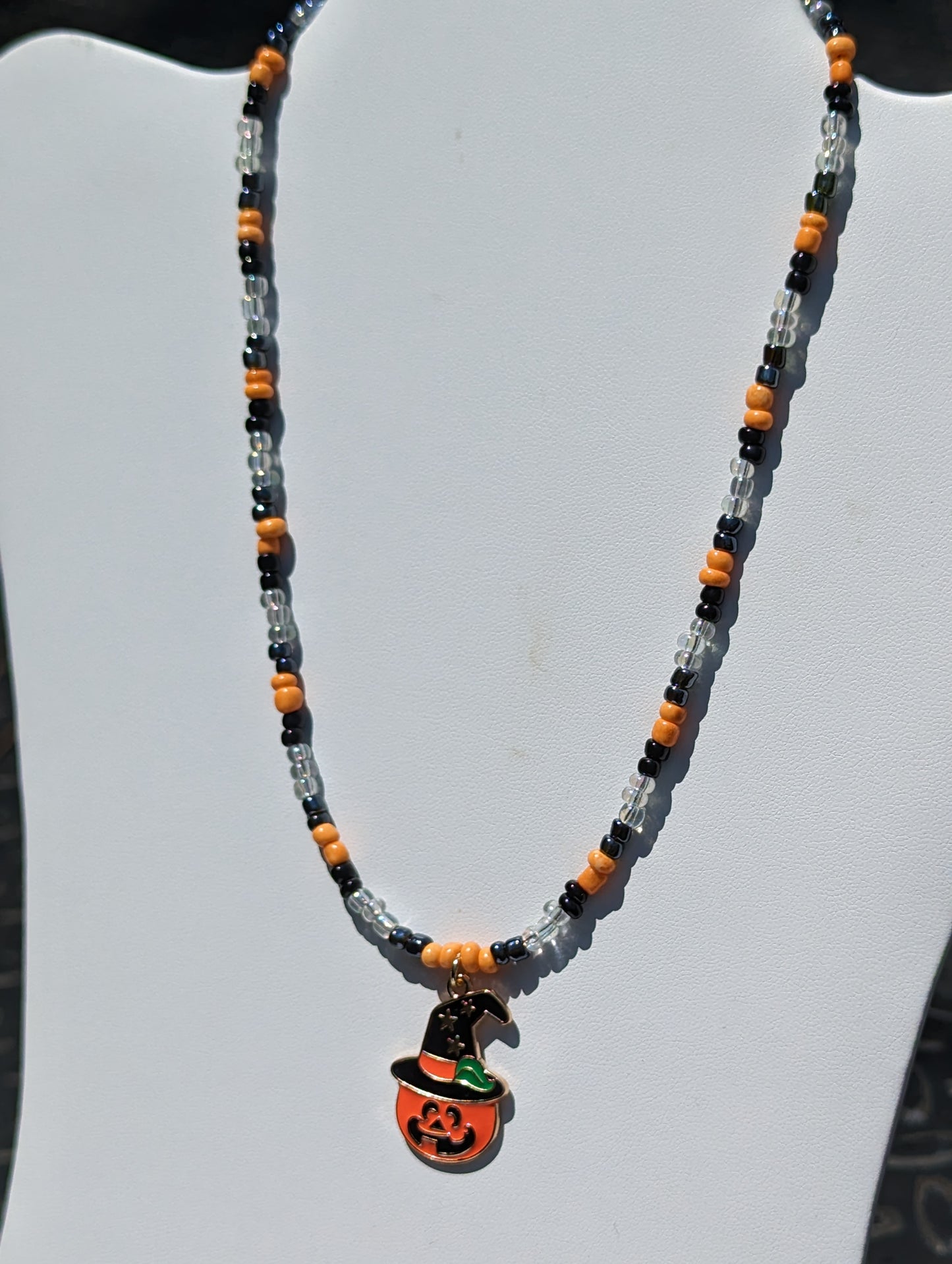 Jack-o-Lantern Witch Charm on Beaded Necklace