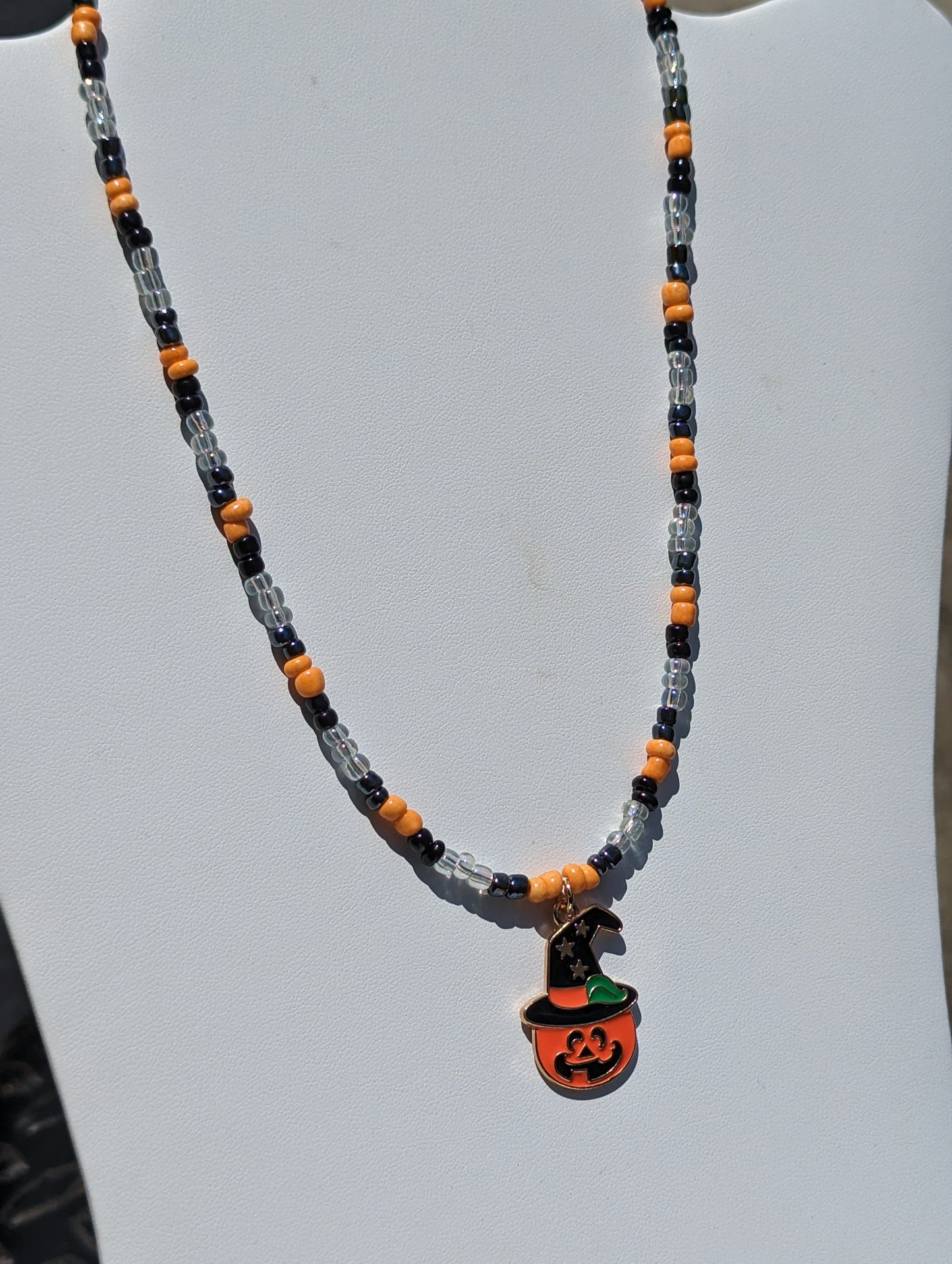 Jack-o-Lantern Witch Charm on Beaded Necklace