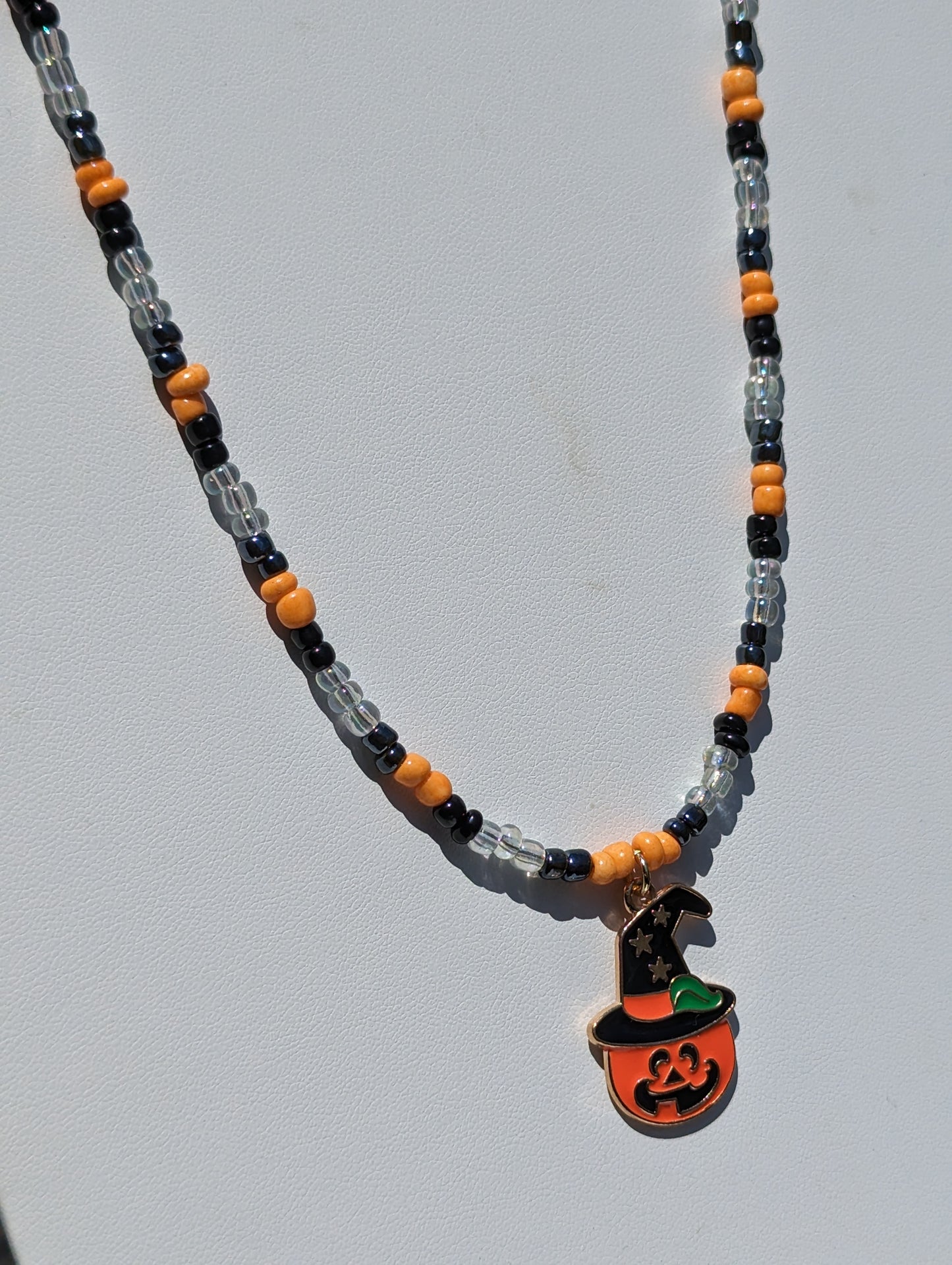 Jack-o-Lantern Witch Charm on Beaded Necklace