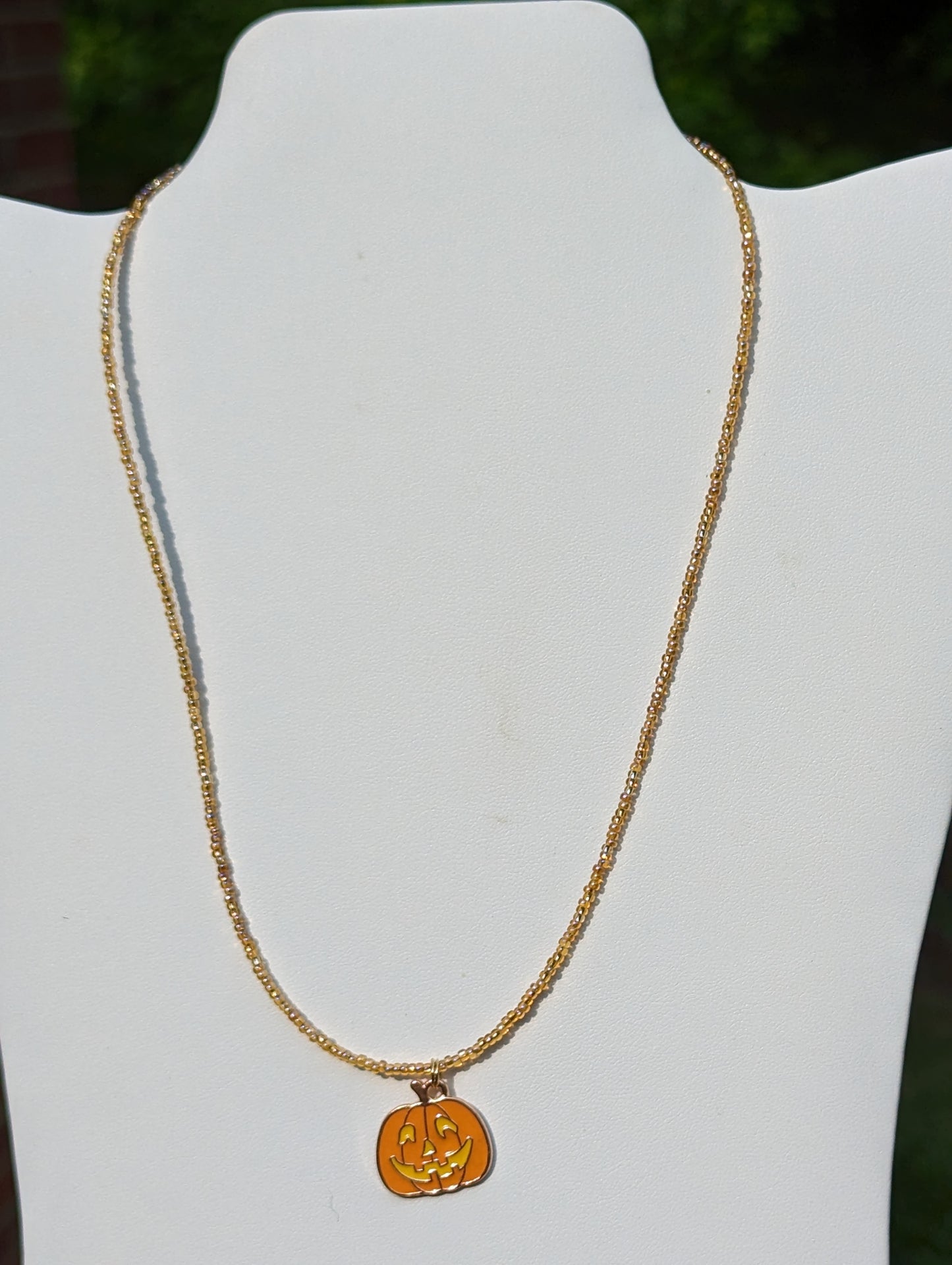 Friendly Jack-o-Lantern Charm on Hand-Beaded Necklace
