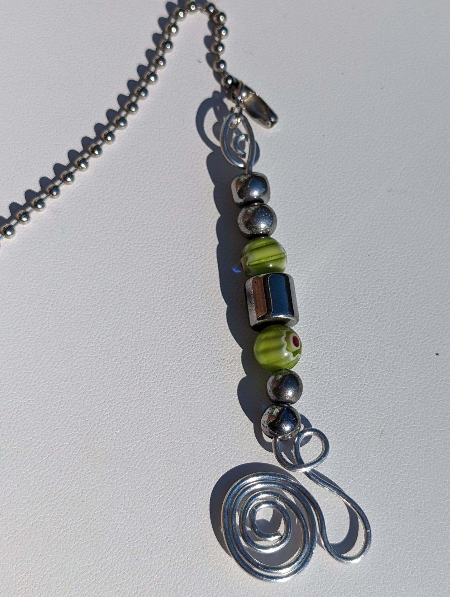 Green Millefiori and Silver-tone Bead Hand-wired Keychain or Hanger