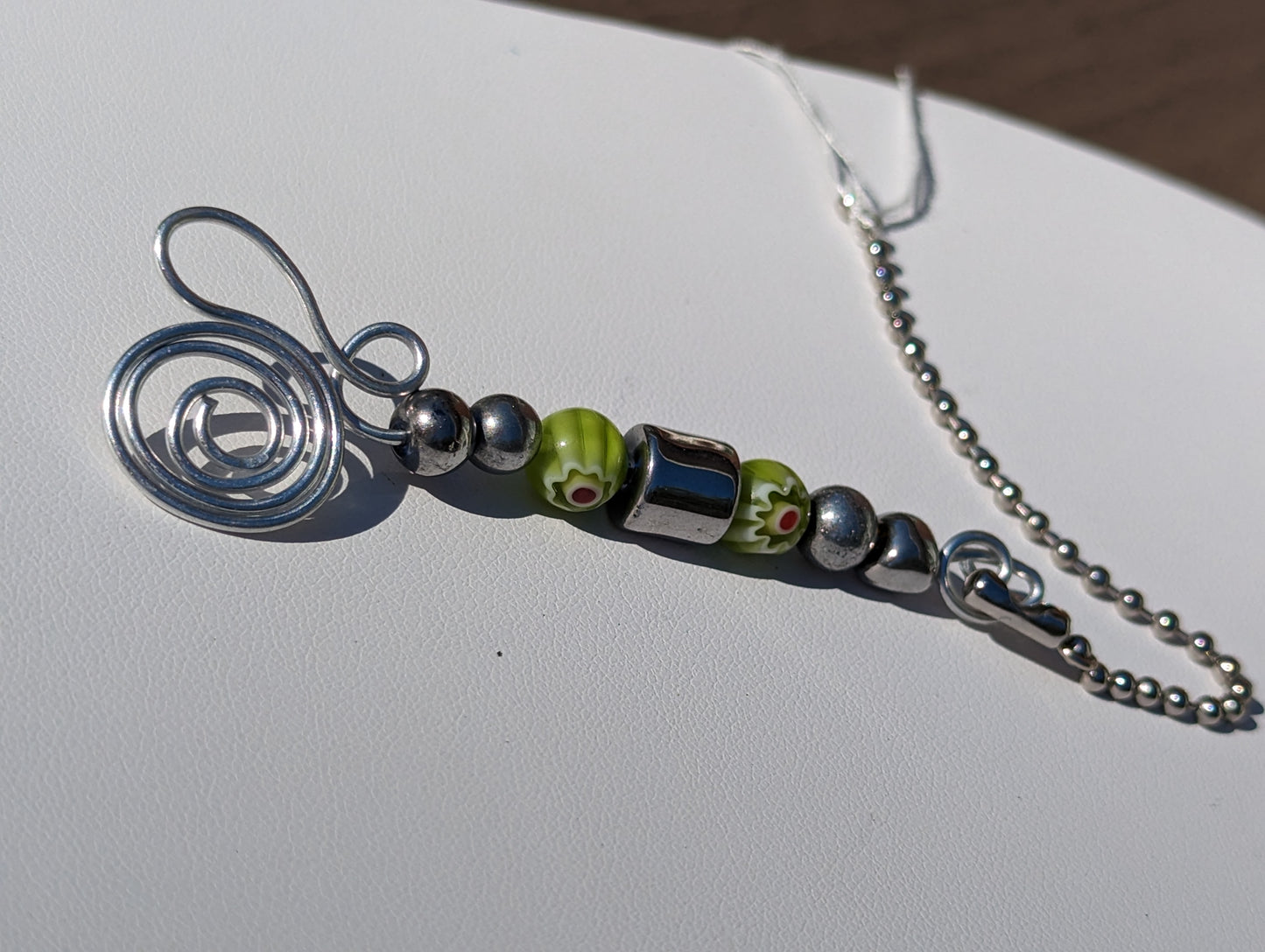 Green Millefiori and Silver-tone Bead Hand-wired Keychain or Hanger