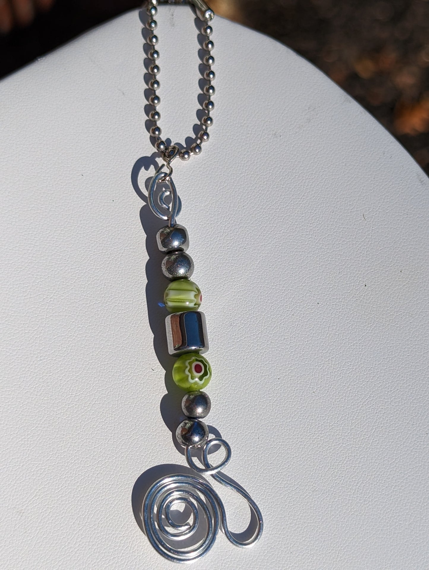 Green Millefiori and Silver-tone Bead Hand-wired Keychain or Hanger