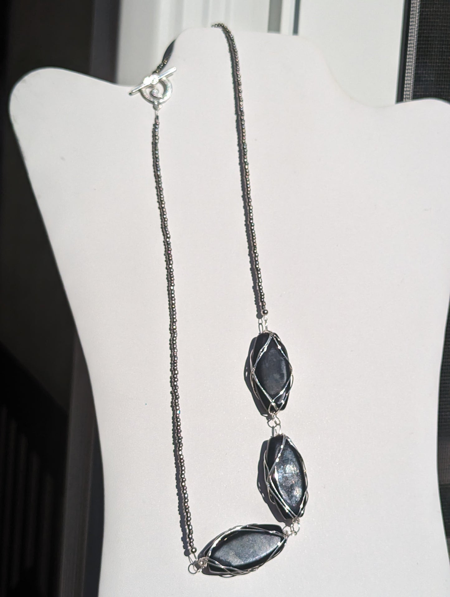 Charcoal Seed Bead Necklace with Large Wire-wrapped Black Glass Beads