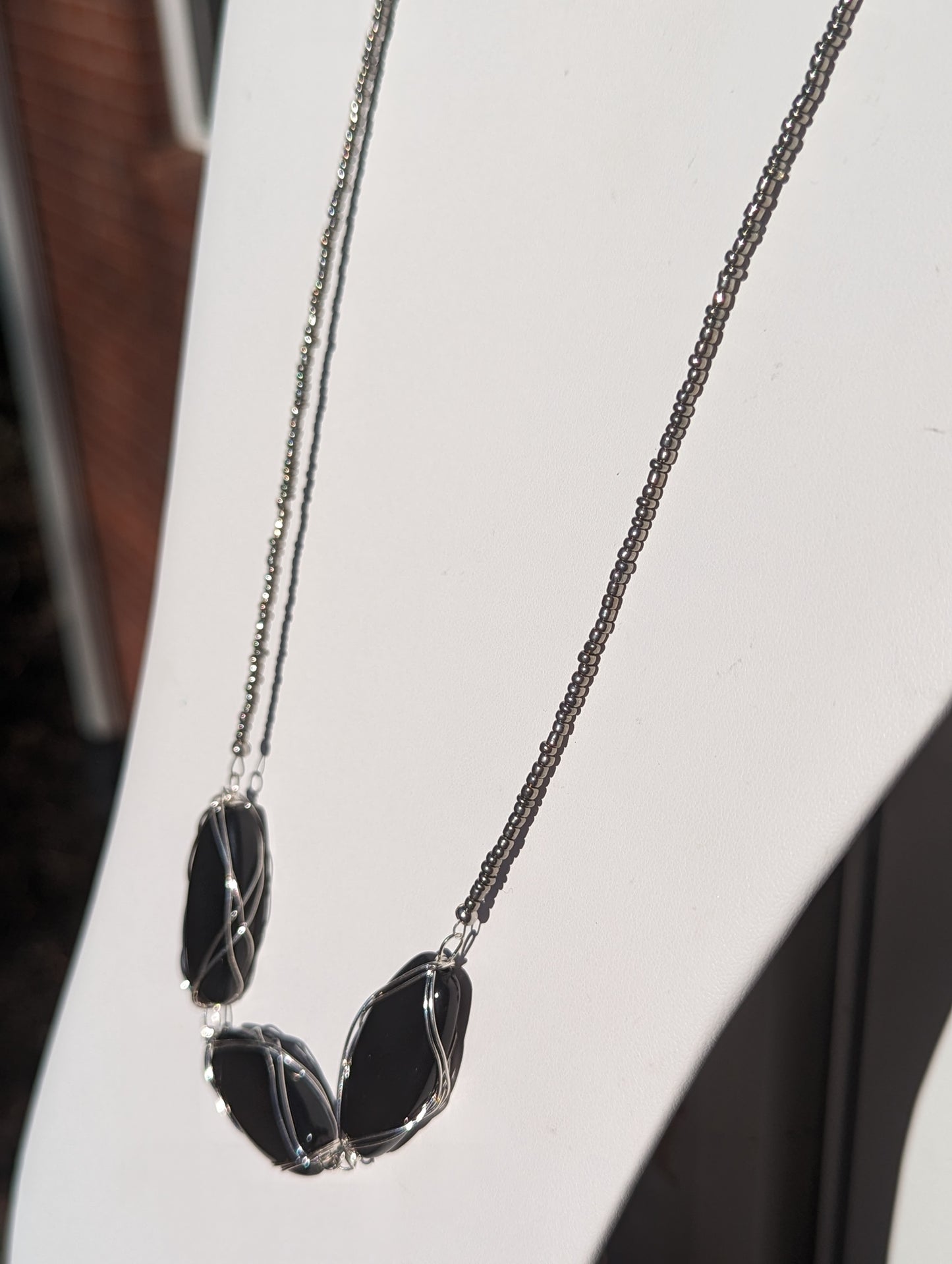 Charcoal Seed Bead Necklace with Large Wire-wrapped Black Glass Beads