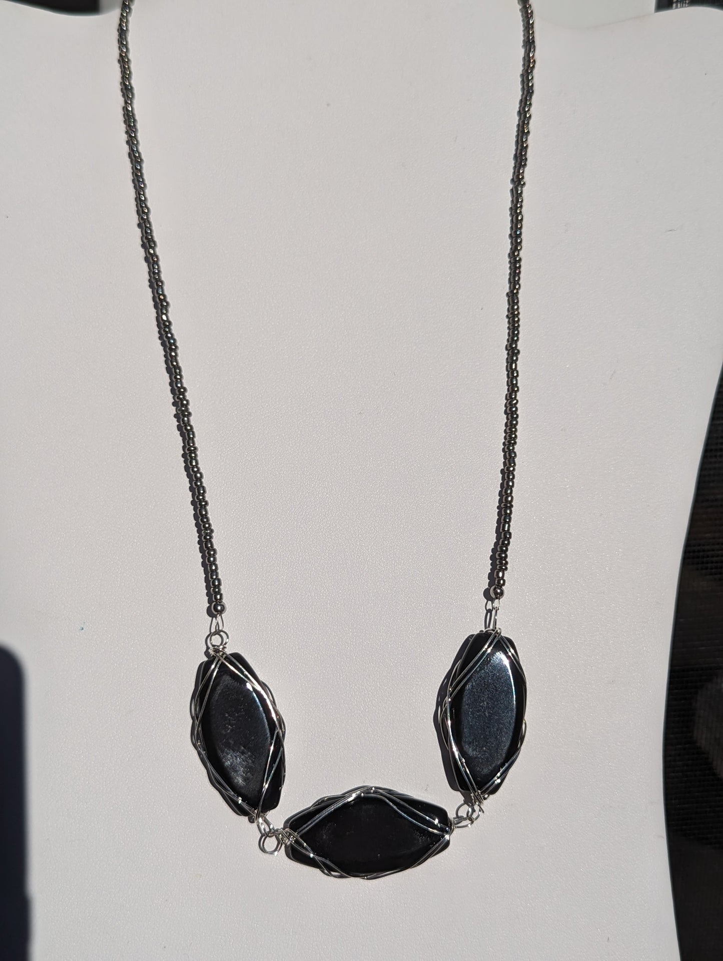 Charcoal Seed Bead Necklace with Large Wire-wrapped Black Glass Beads