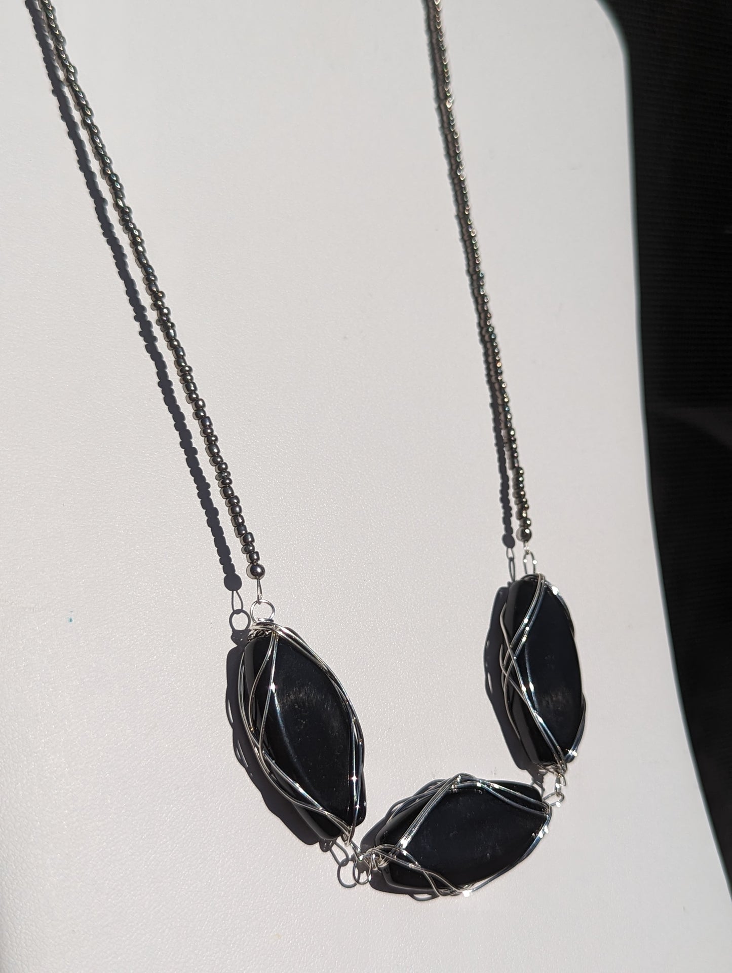 Charcoal Seed Bead Necklace with Large Wire-wrapped Black Glass Beads