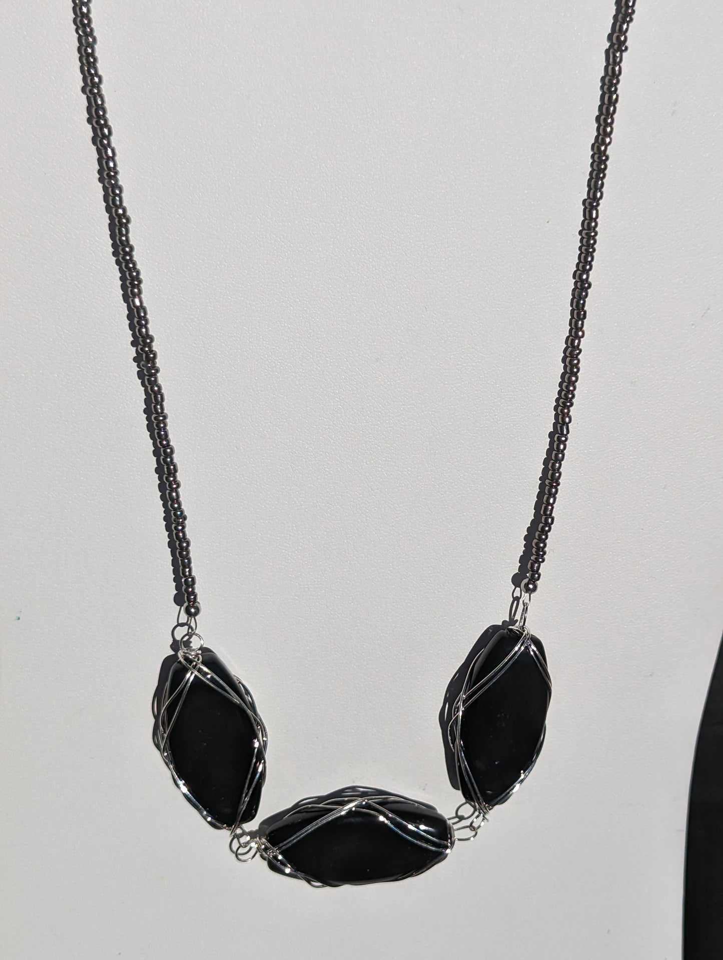 Charcoal Seed Bead Necklace with Large Wire-wrapped Black Glass Beads