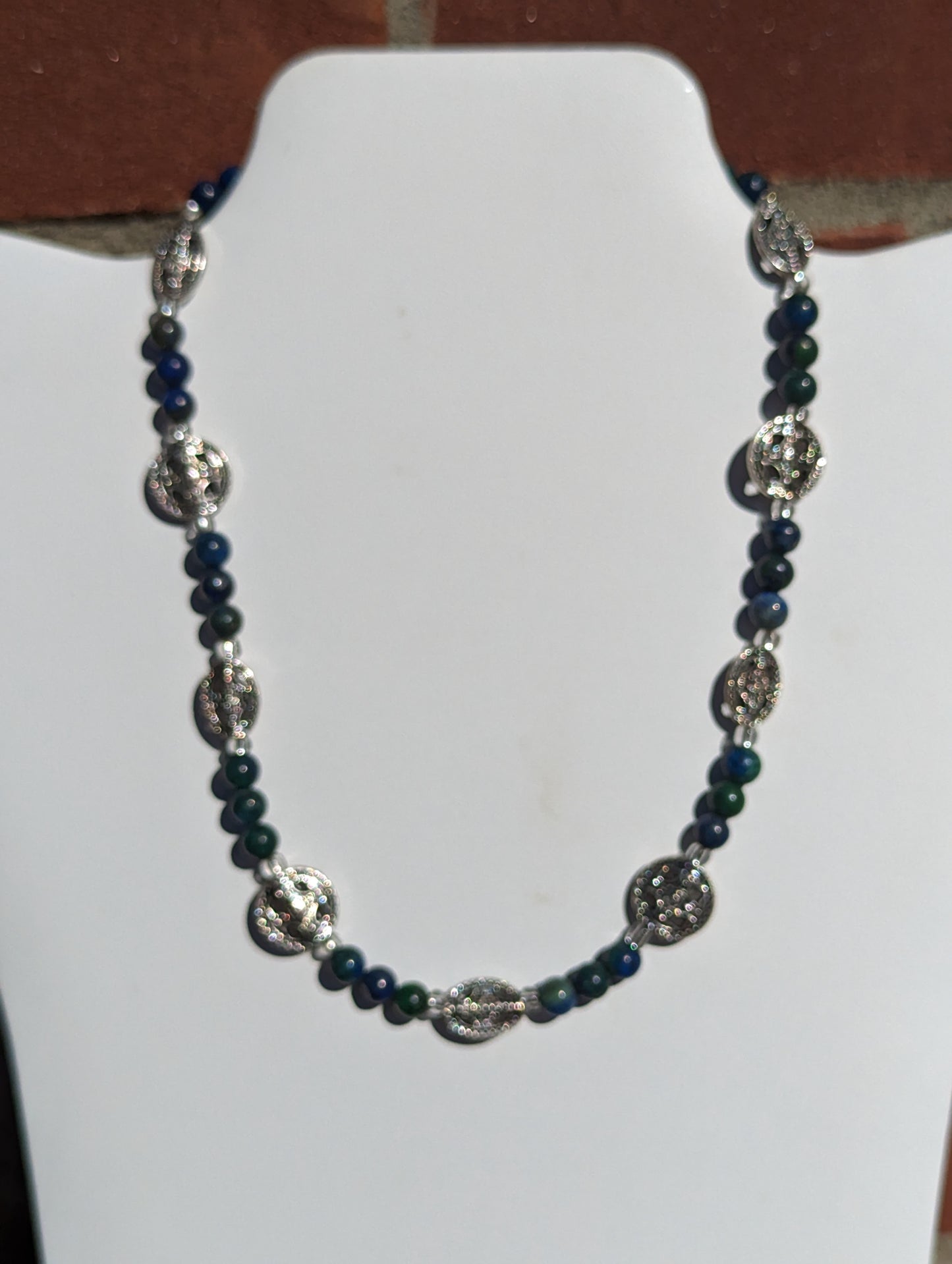 Chyrsocolla Necklace with Antique Silver-colored Shield Beads
