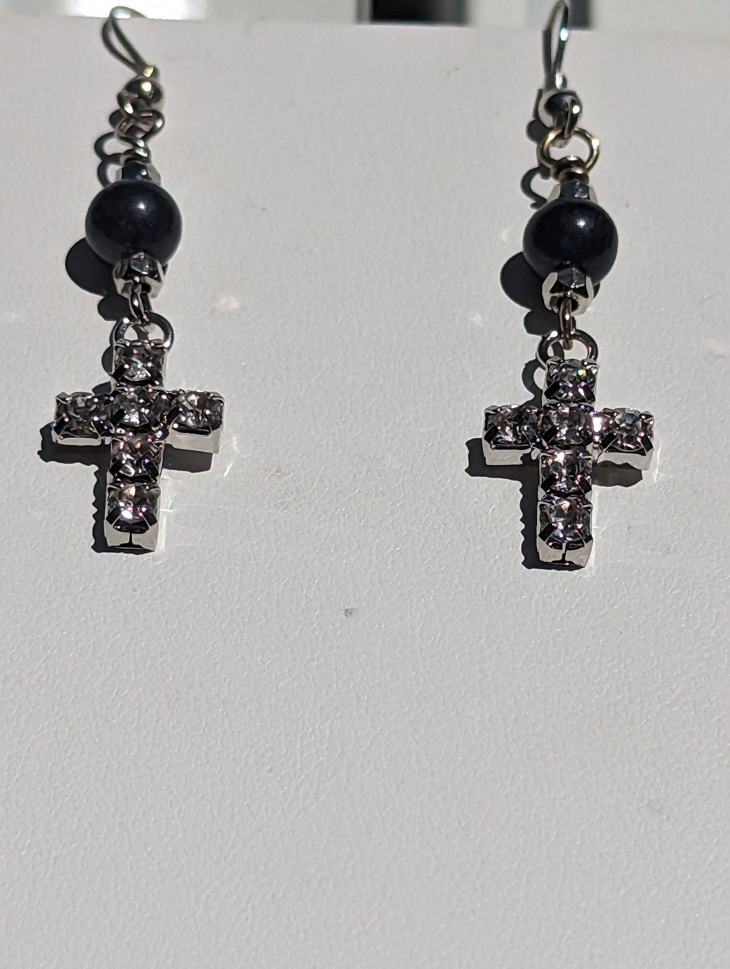 Rhinestone Cross Earrings with Blue Jade Beads