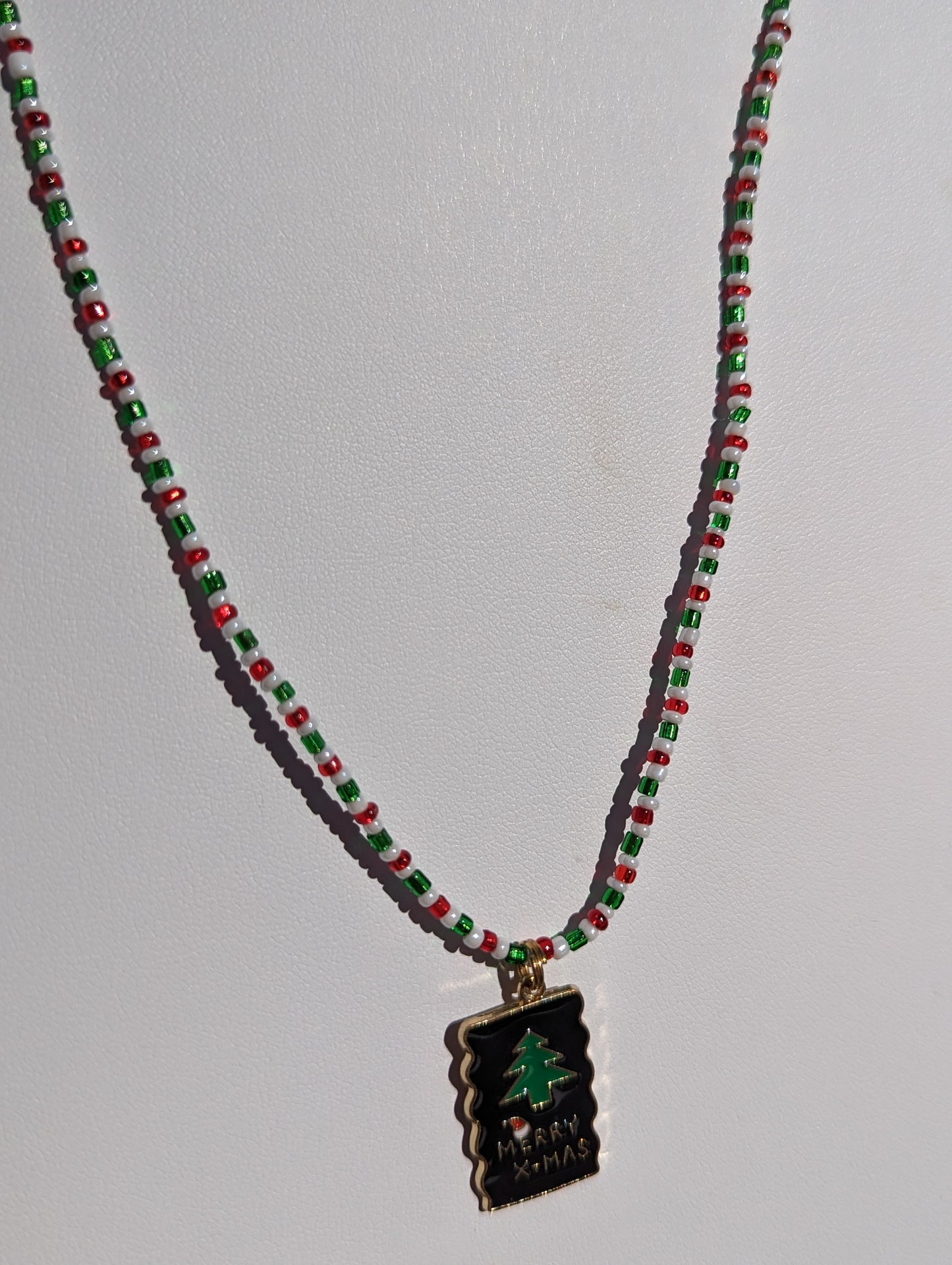 Merry Xmas Pendant on Beaded Necklace