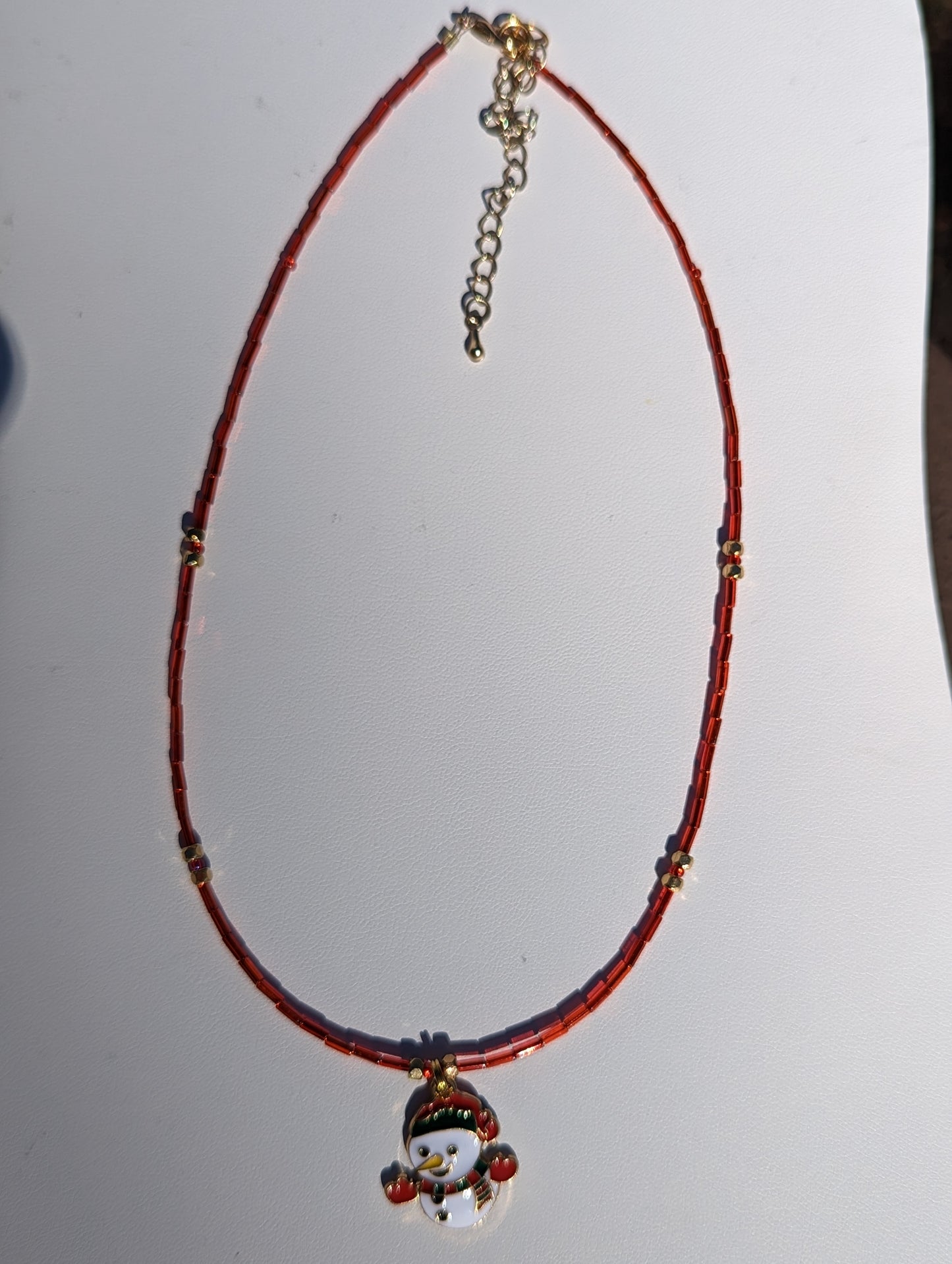 Gold-tone Enamel Snowman Charm on Bugle Bead Necklace