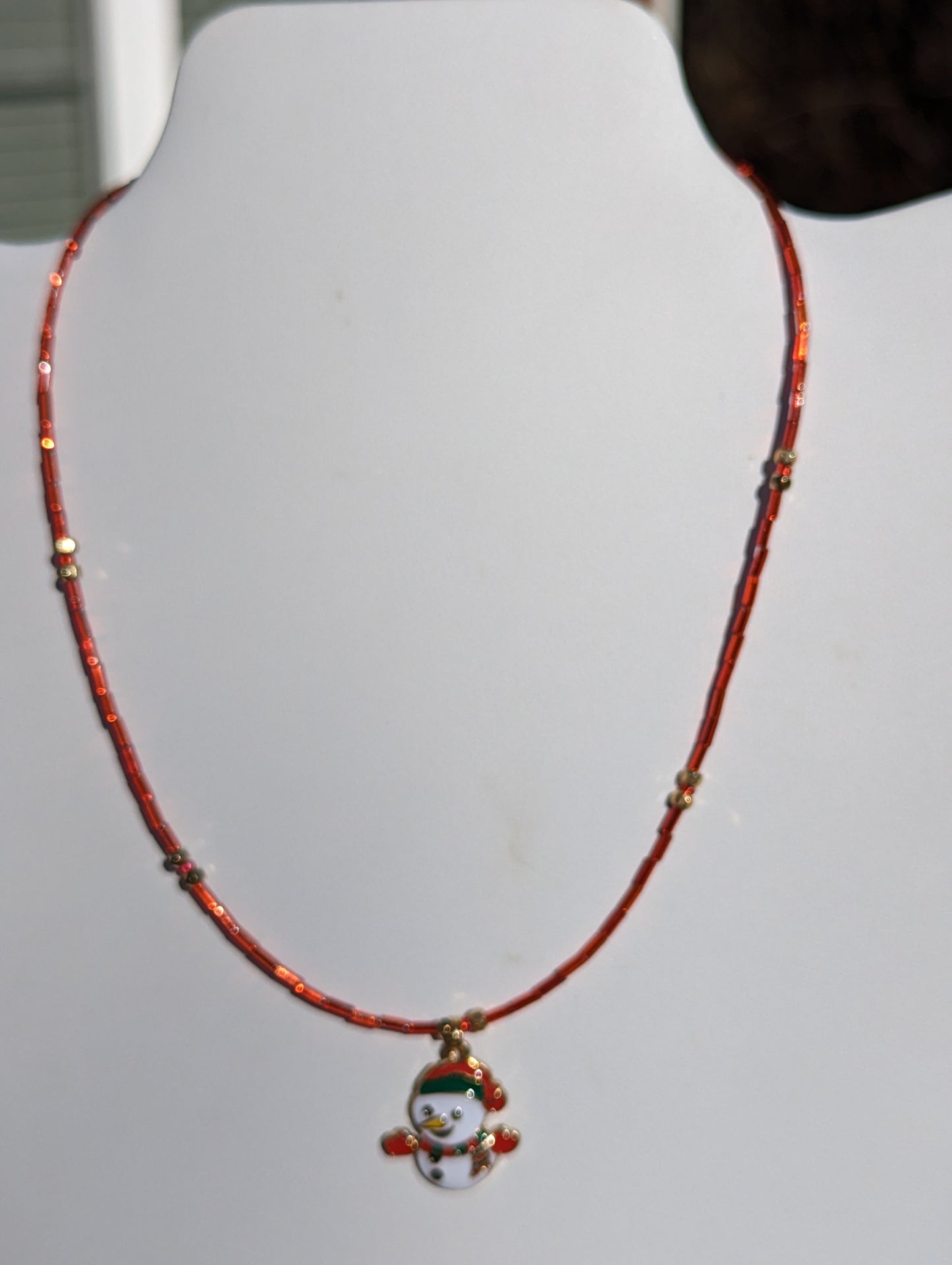 Gold-tone Enamel Snowman Charm on Bugle Bead Necklace