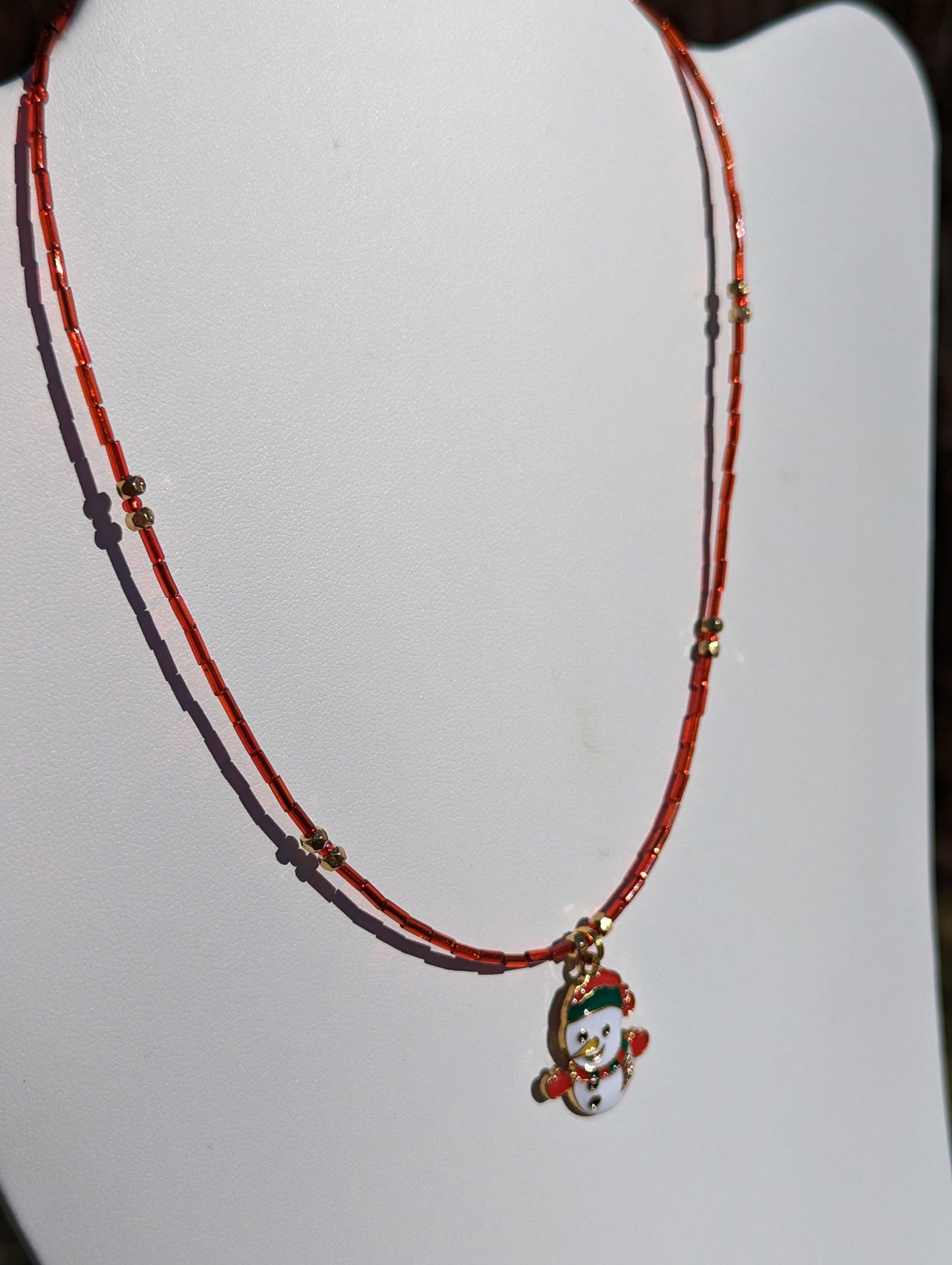 Gold-tone Enamel Snowman Charm on Bugle Bead Necklace