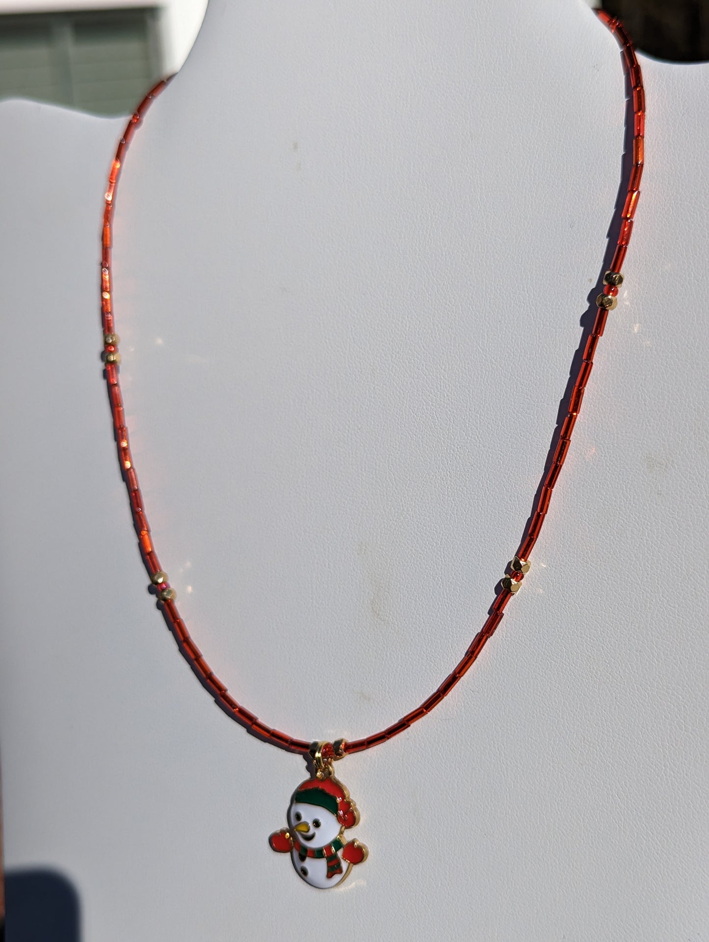 Gold-tone Enamel Snowman Charm on Bugle Bead Necklace