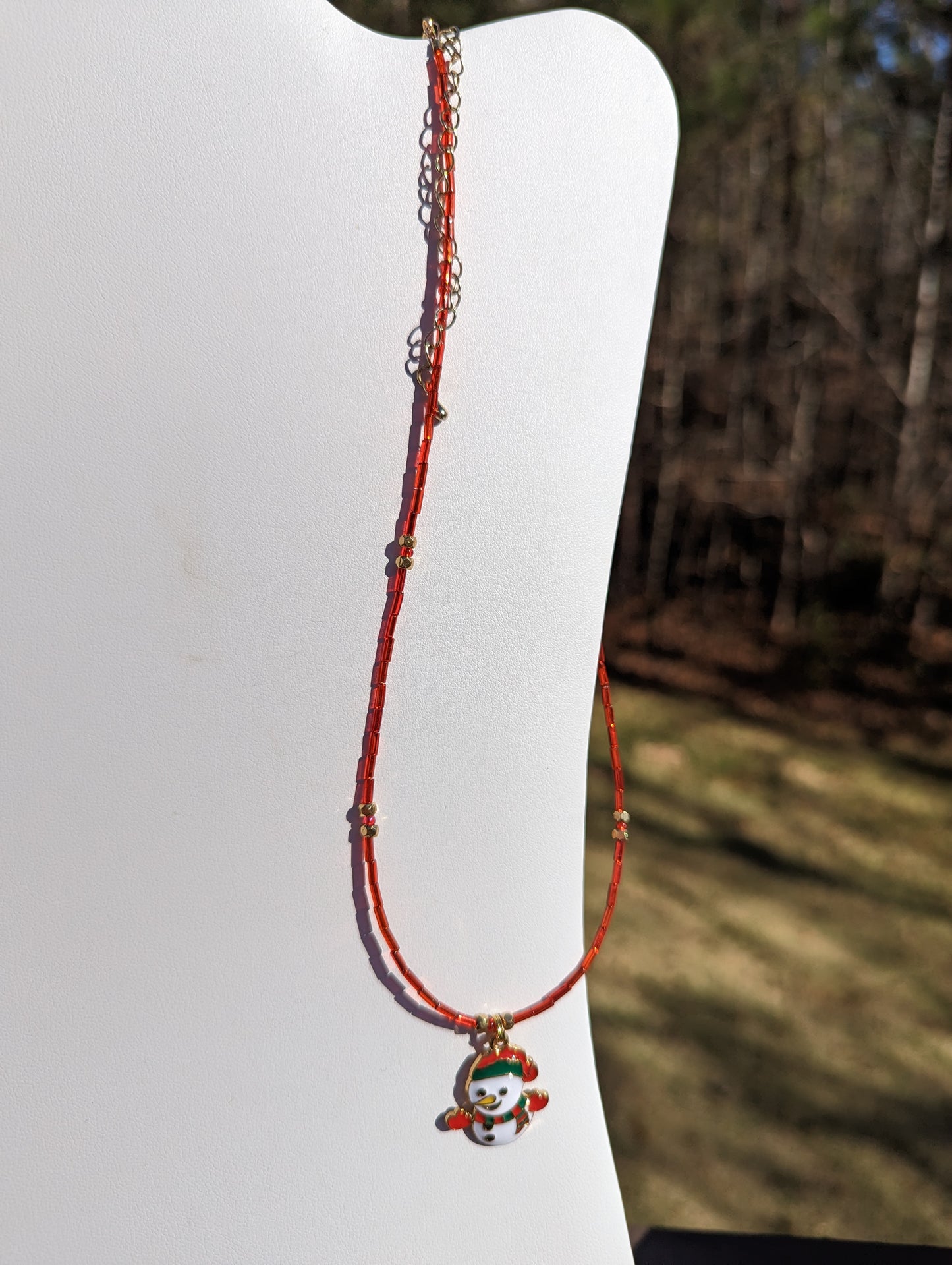 Gold-tone Enamel Snowman Charm on Bugle Bead Necklace
