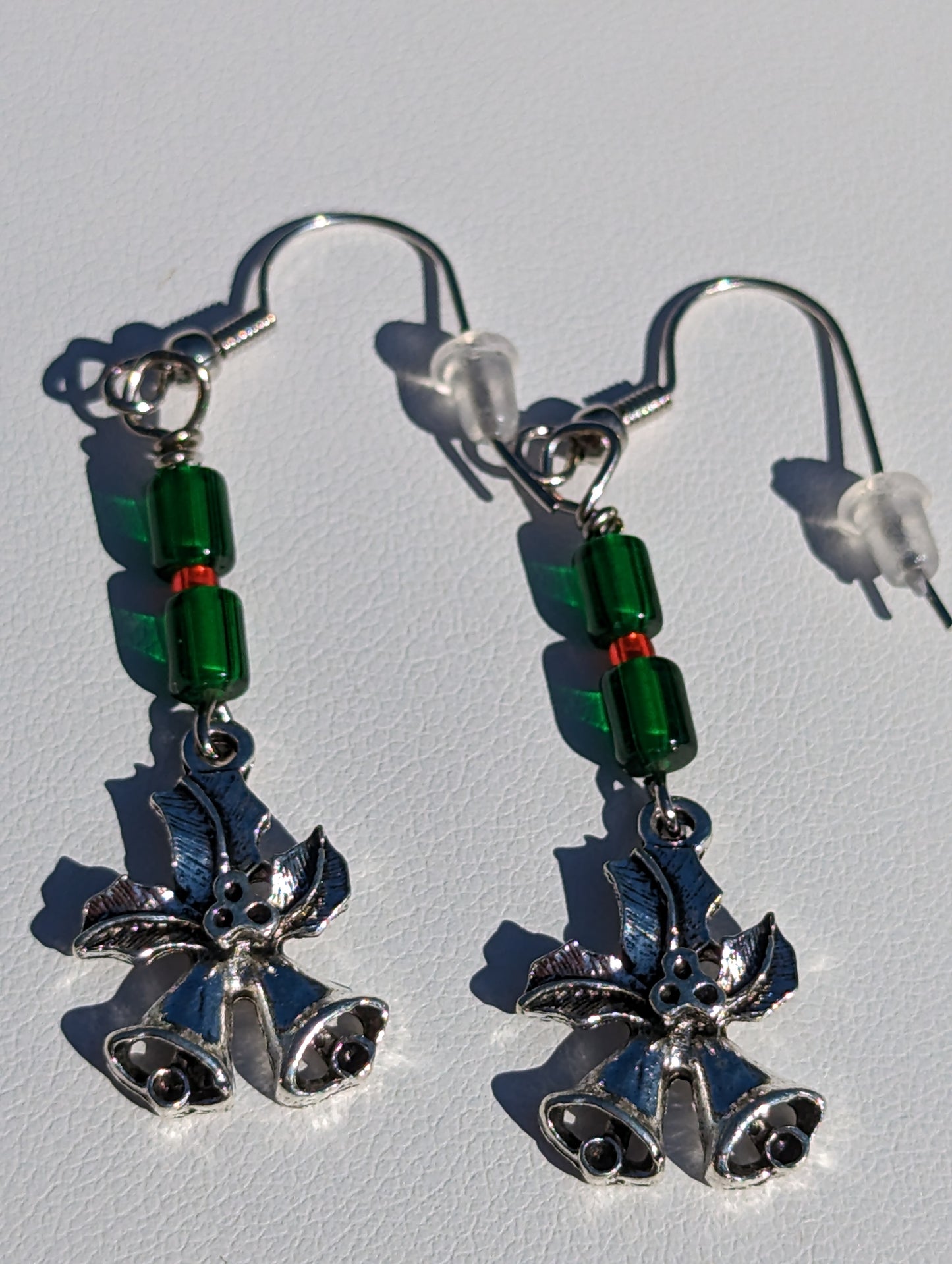 Holiday Bells Charm Earrings with Green Beads