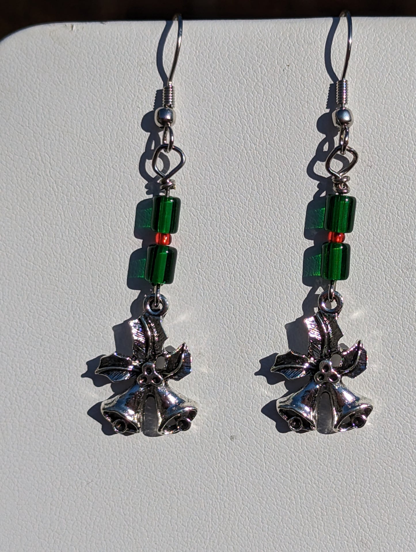 Holiday Bells Earrings with Green Beads