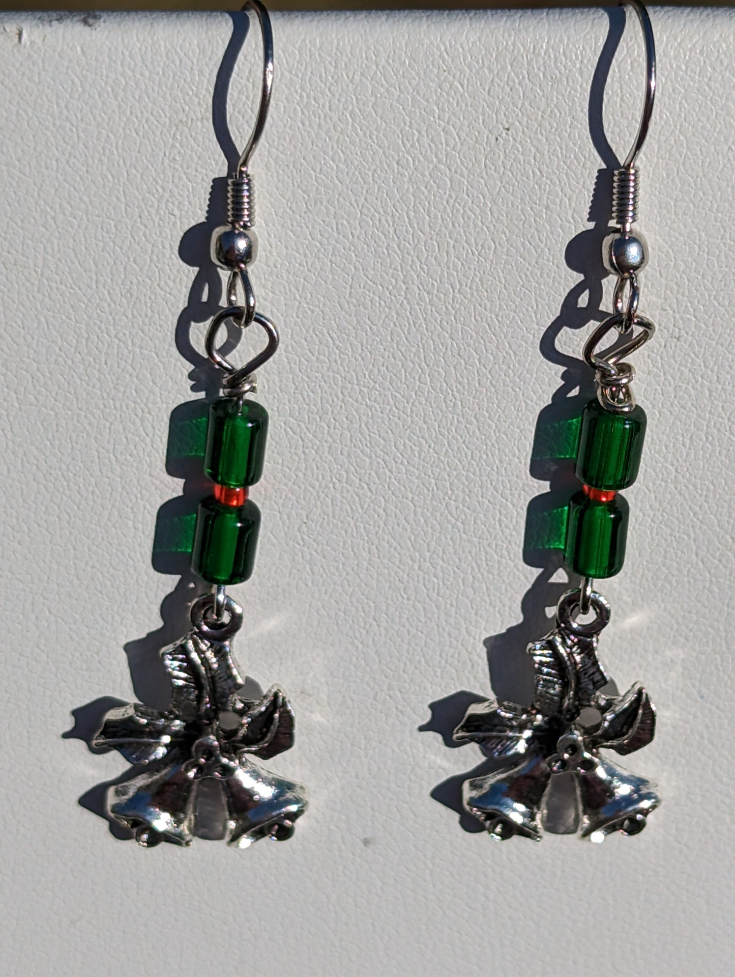 Holiday Bells Charm Earrings with Green Beads