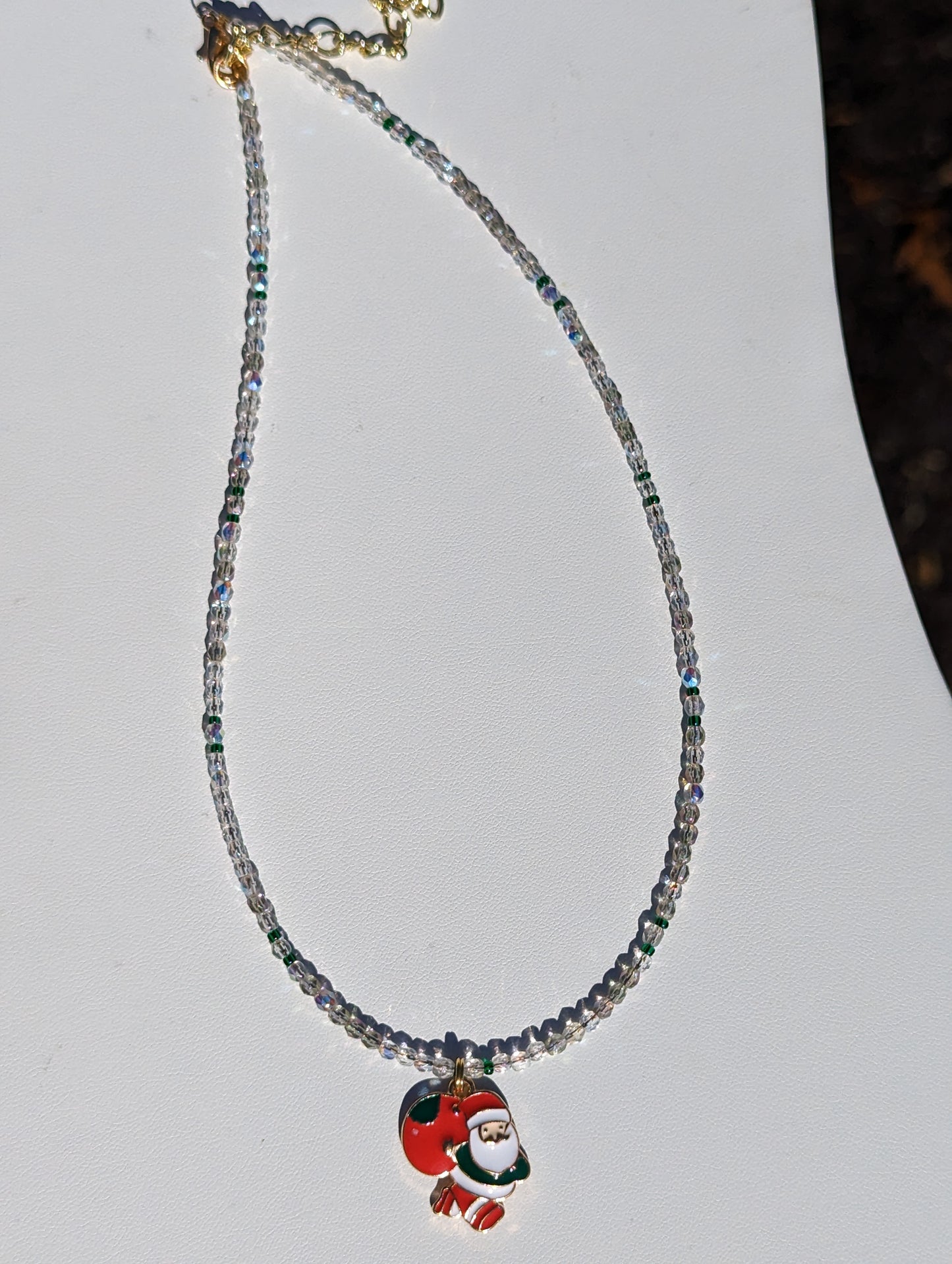 Gold-tone Enamel Santa Charm on Beaded Necklace