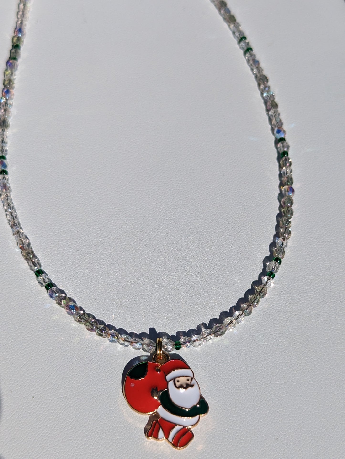 Gold-tone Enamel Santa Charm on Beaded Necklace