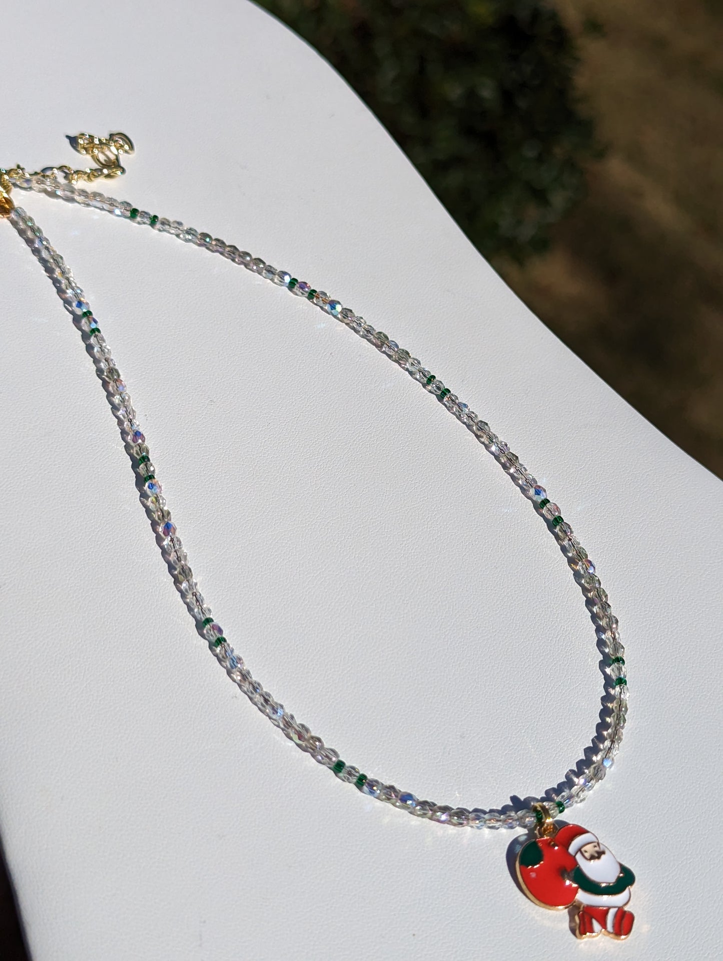 Gold-tone Enamel Santa Charm on Beaded Necklace