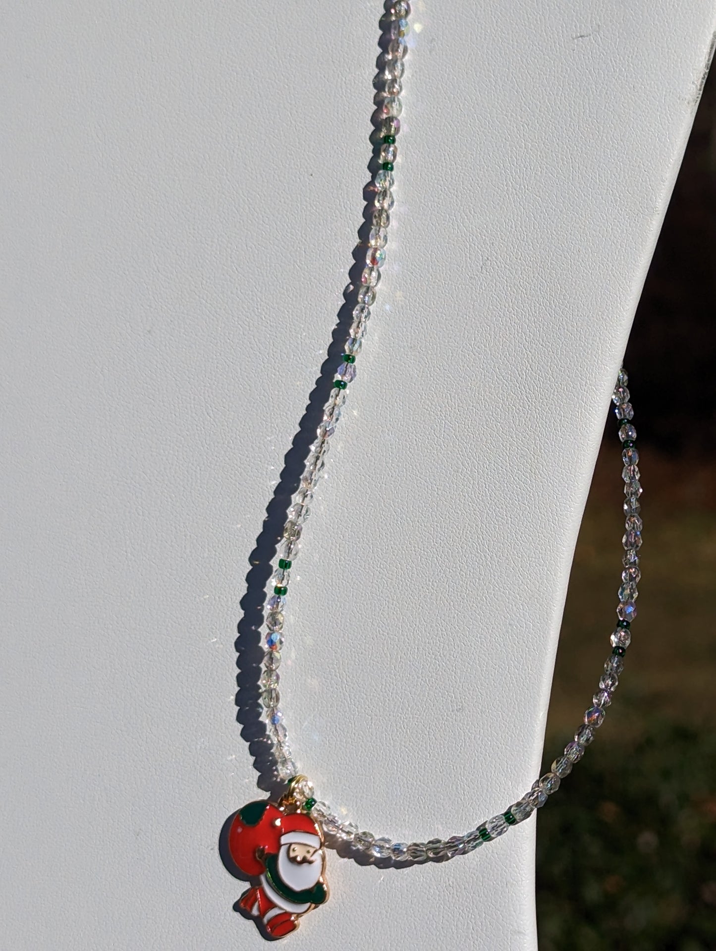 Gold-tone Enamel Santa Charm on Beaded Necklace