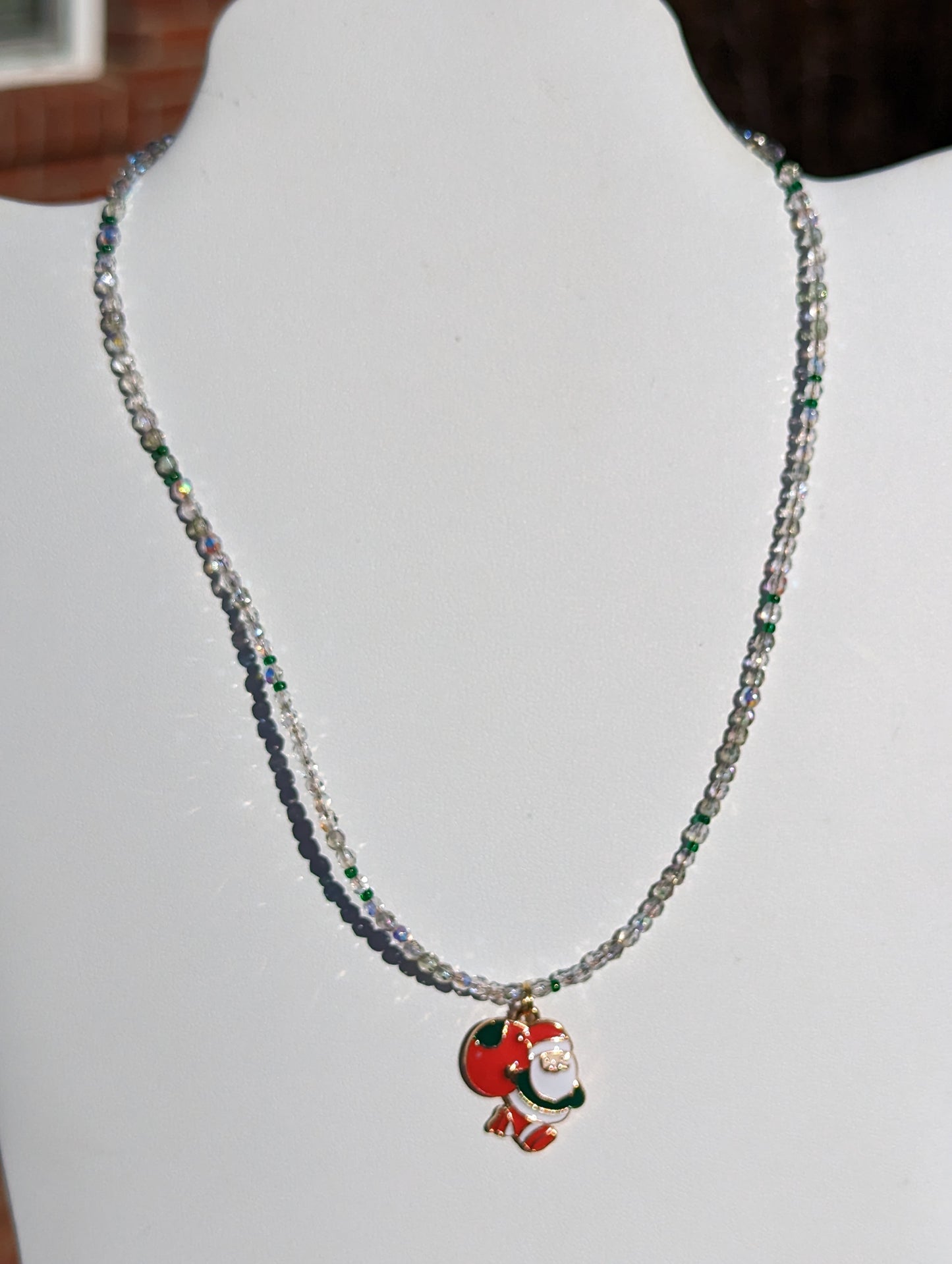 Gold-tone Enamel Santa Charm on Beaded Necklace