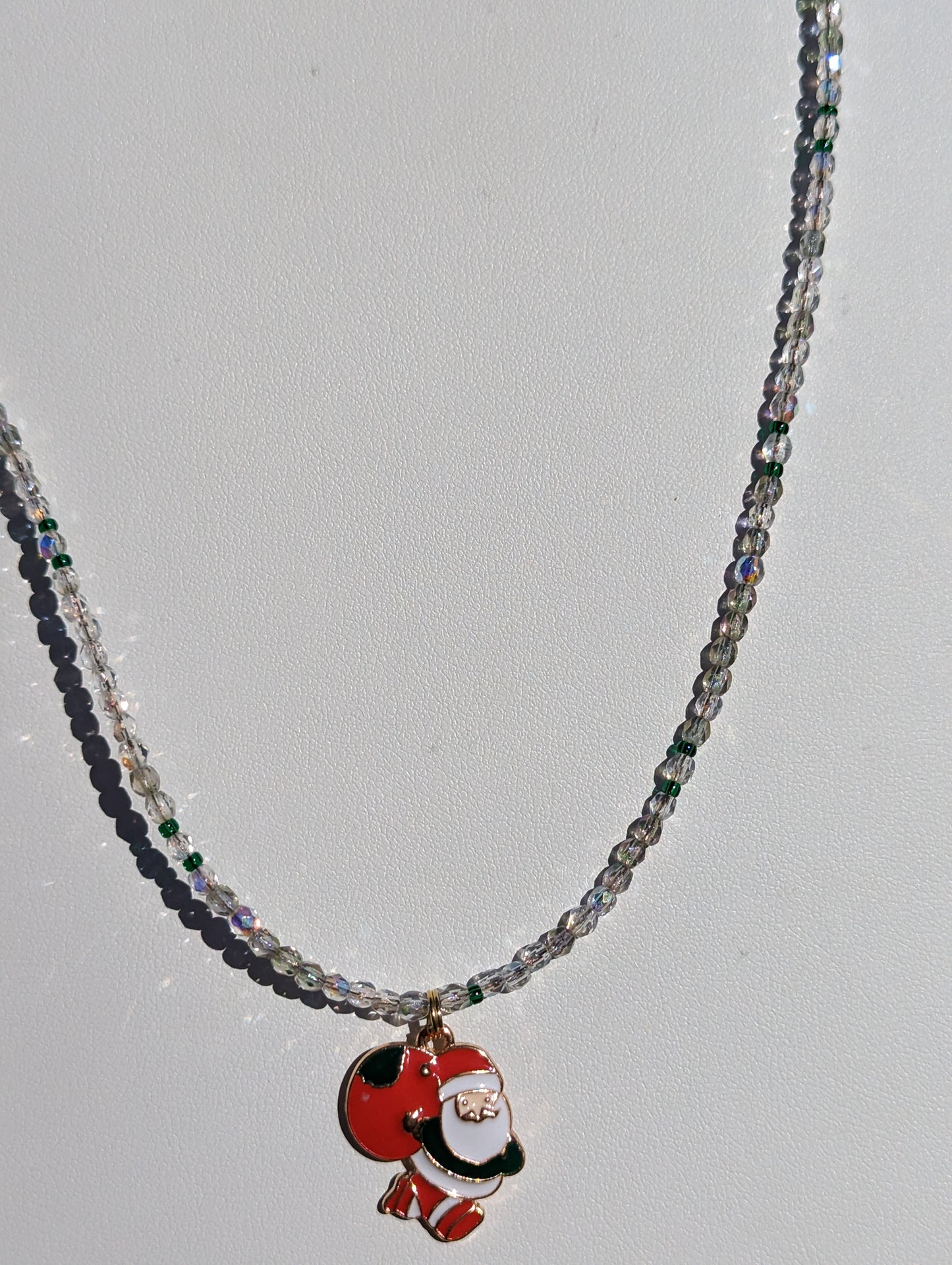 Gold-tone Enamel Santa Charm on Beaded Necklace