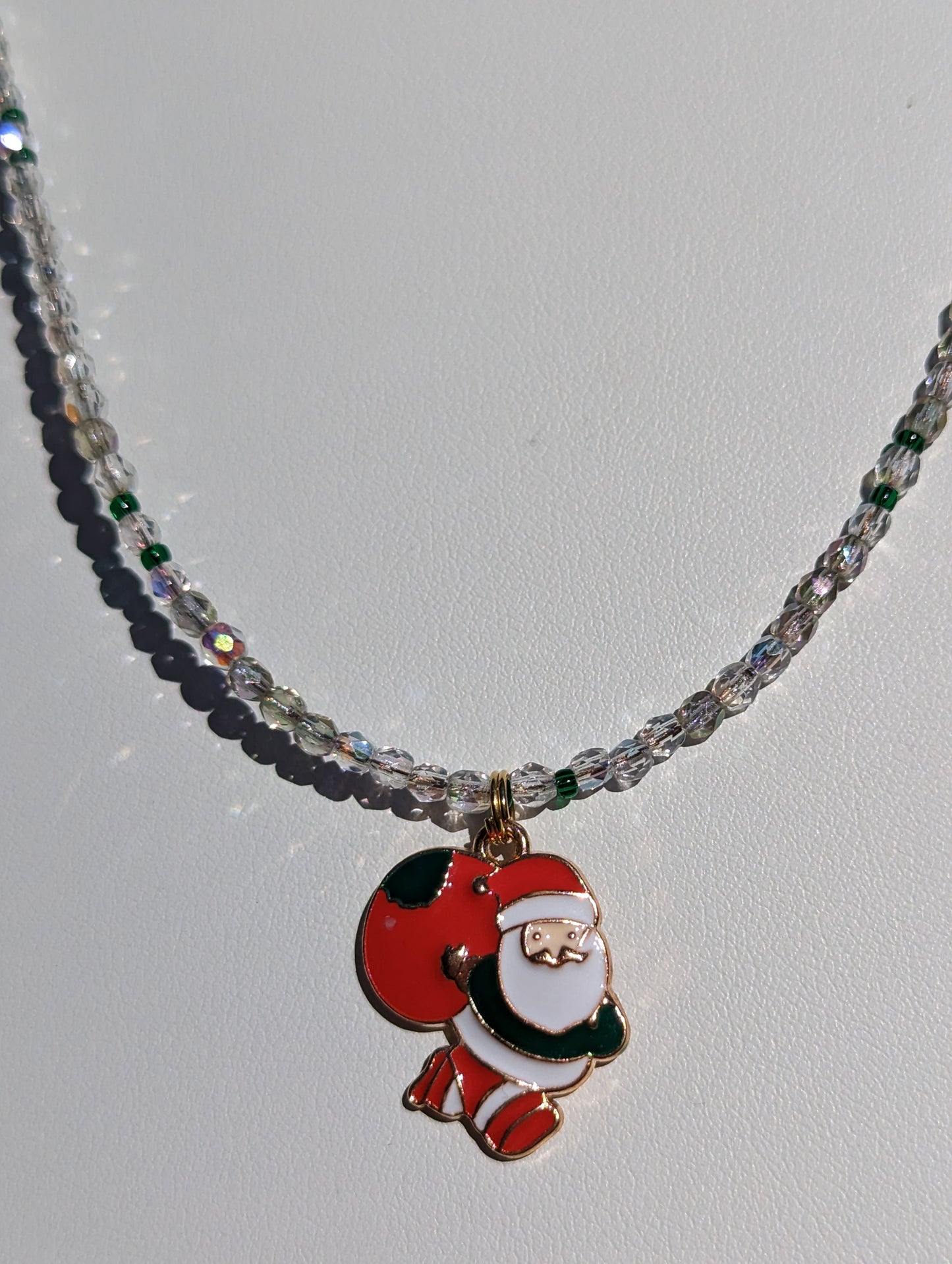 Gold-tone Enamel Santa Charm on Beaded Necklace