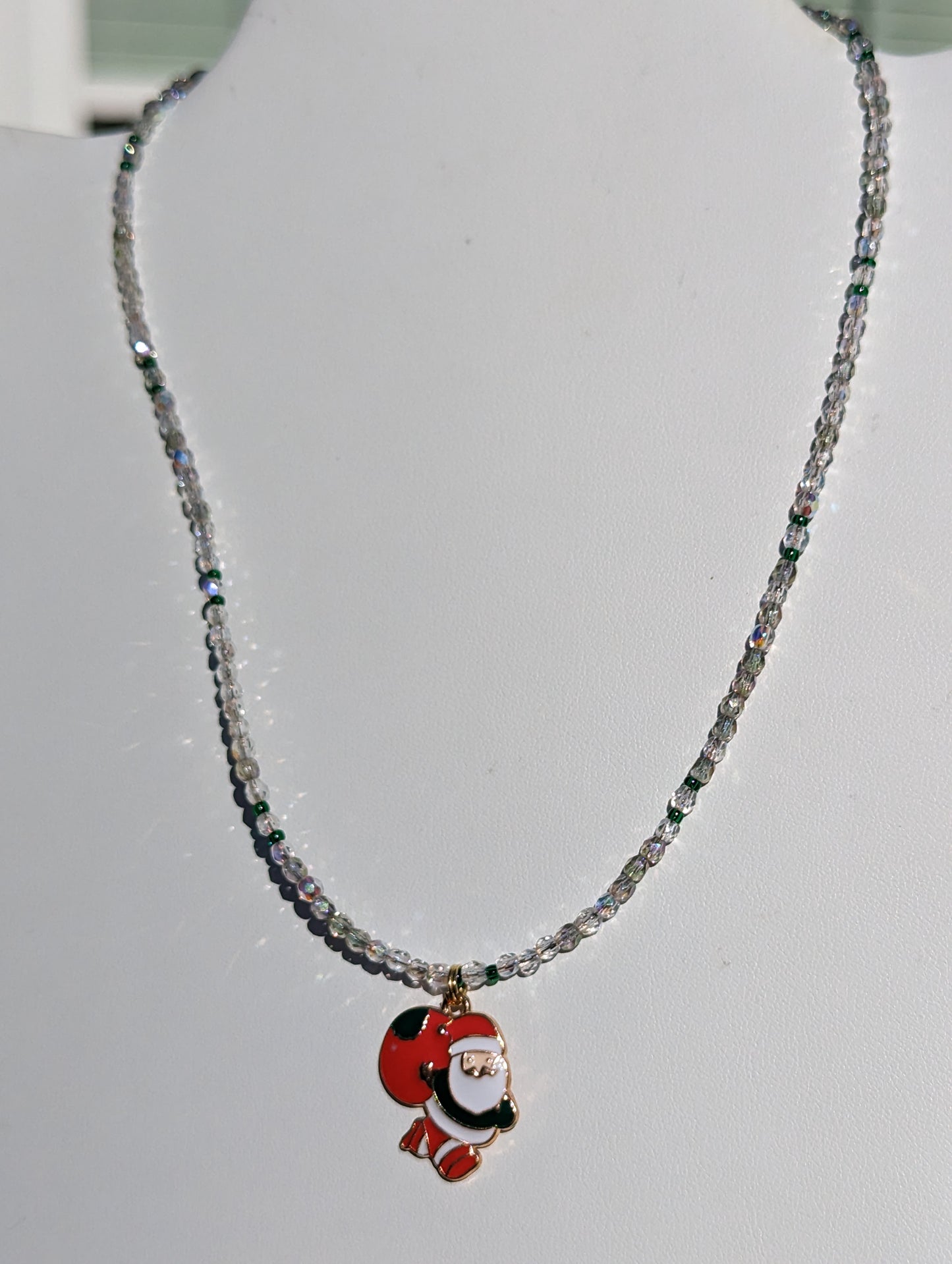 Gold-tone Enamel Santa Charm on Beaded Necklace