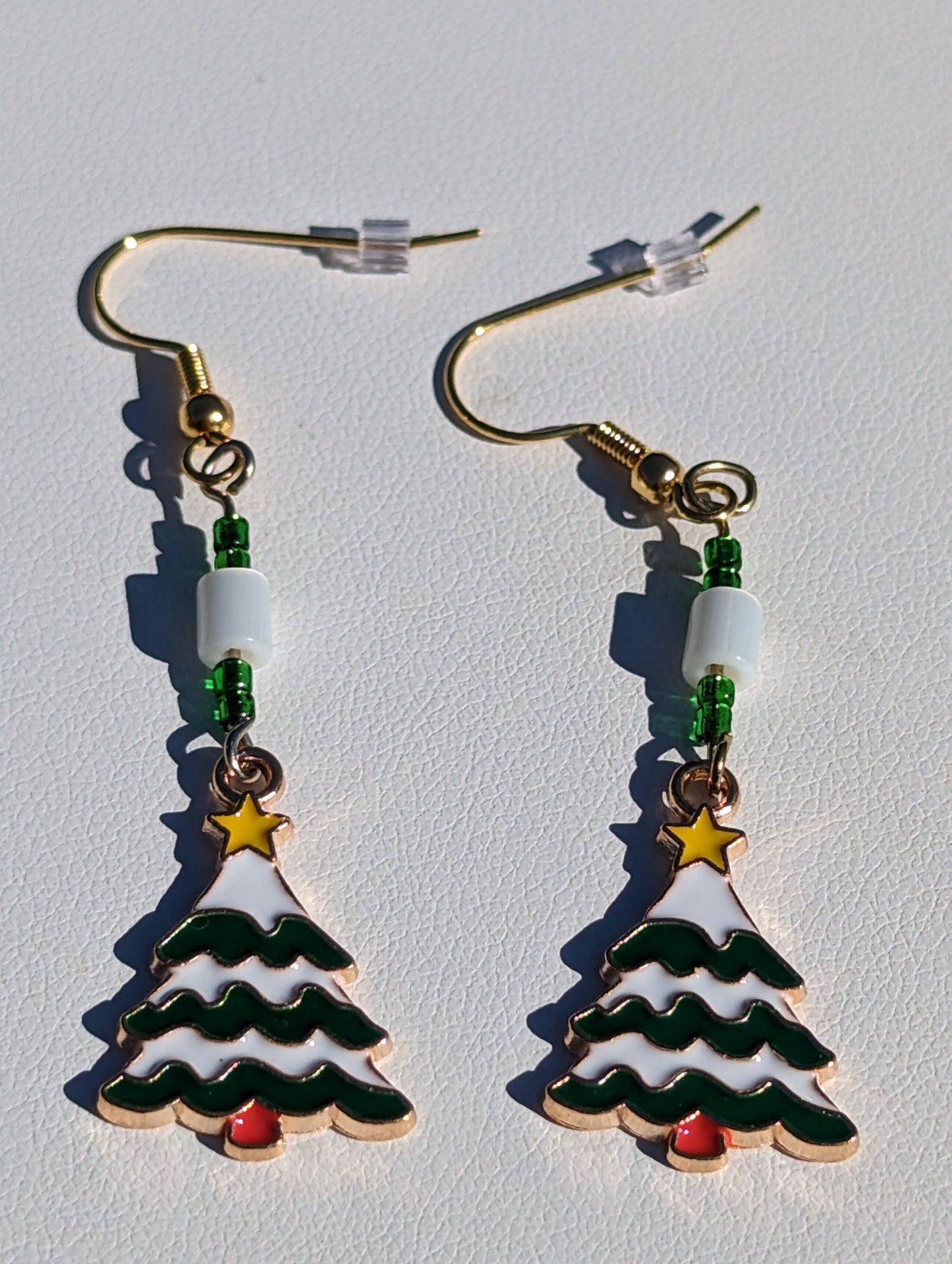 Green and White Christmas Tree Earrings