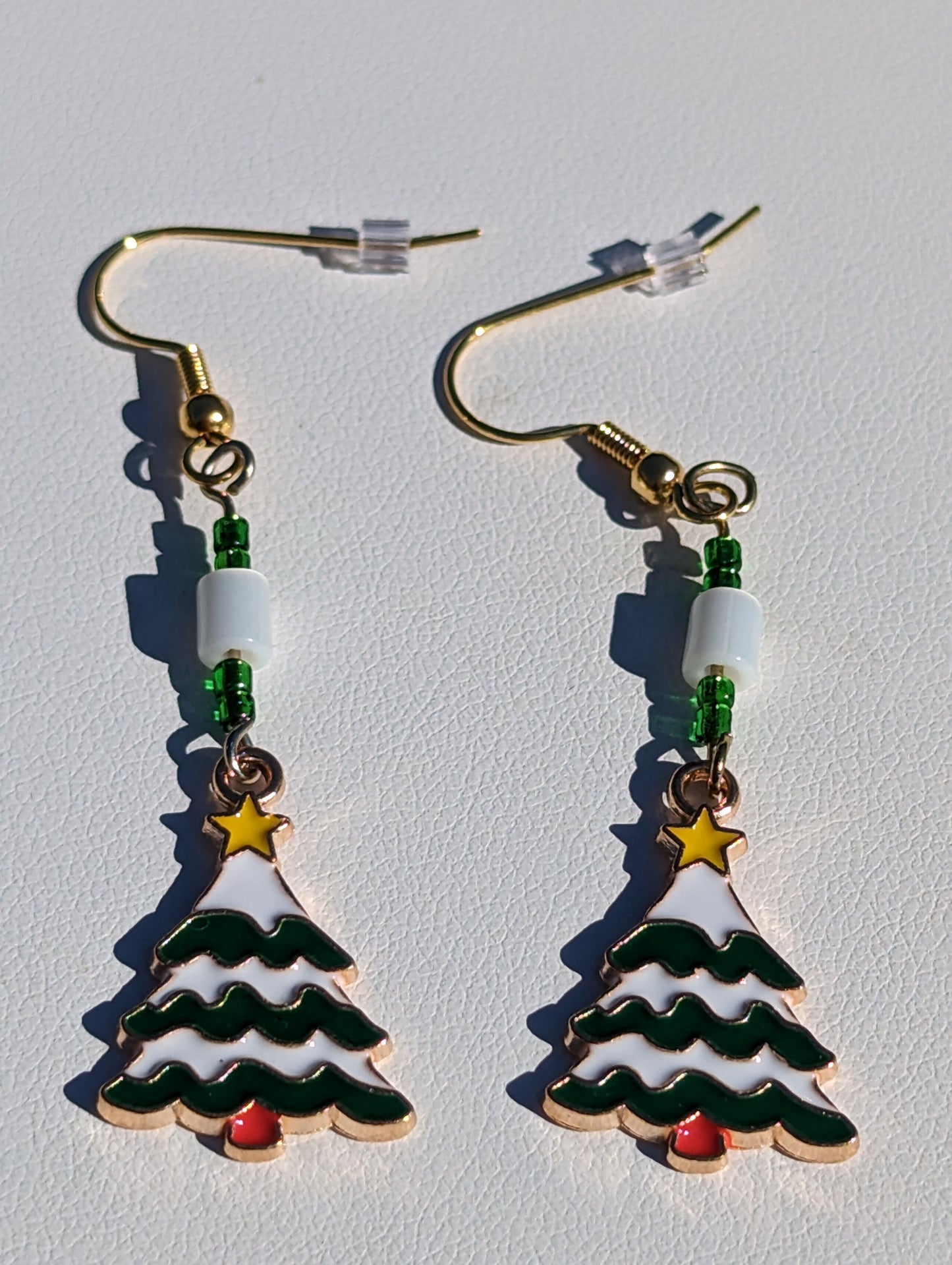 Gold-tone Green and White Enamel Christmas Tree Earrings