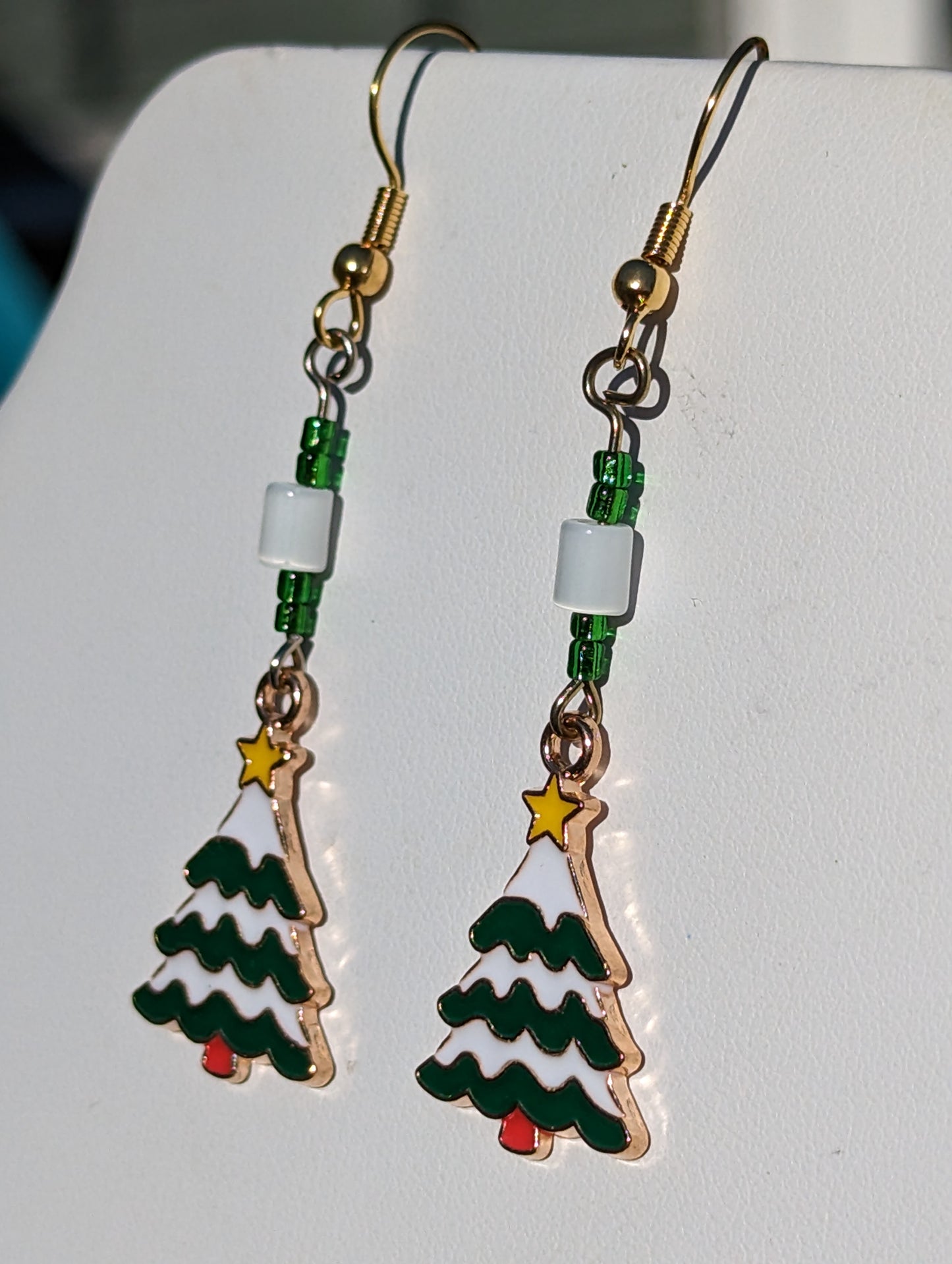 Gold-tone Green and White Enamel Christmas Tree Earrings