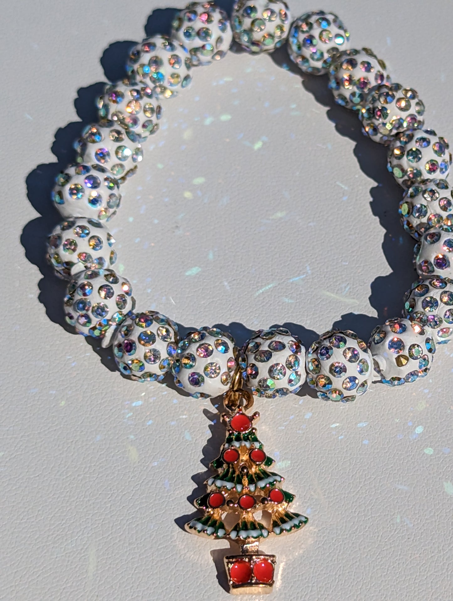 Stretchy White Christmas Balls Bracelet with Golden Tree Charm