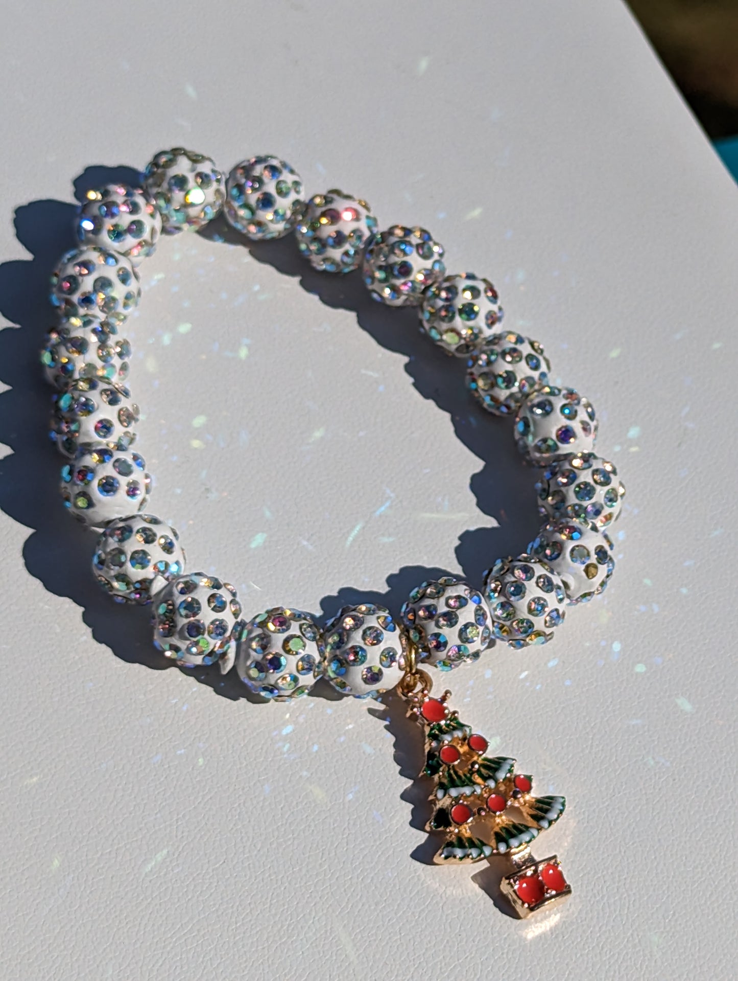 Stretchy White Christmas Balls Bracelet with Golden Tree Charm