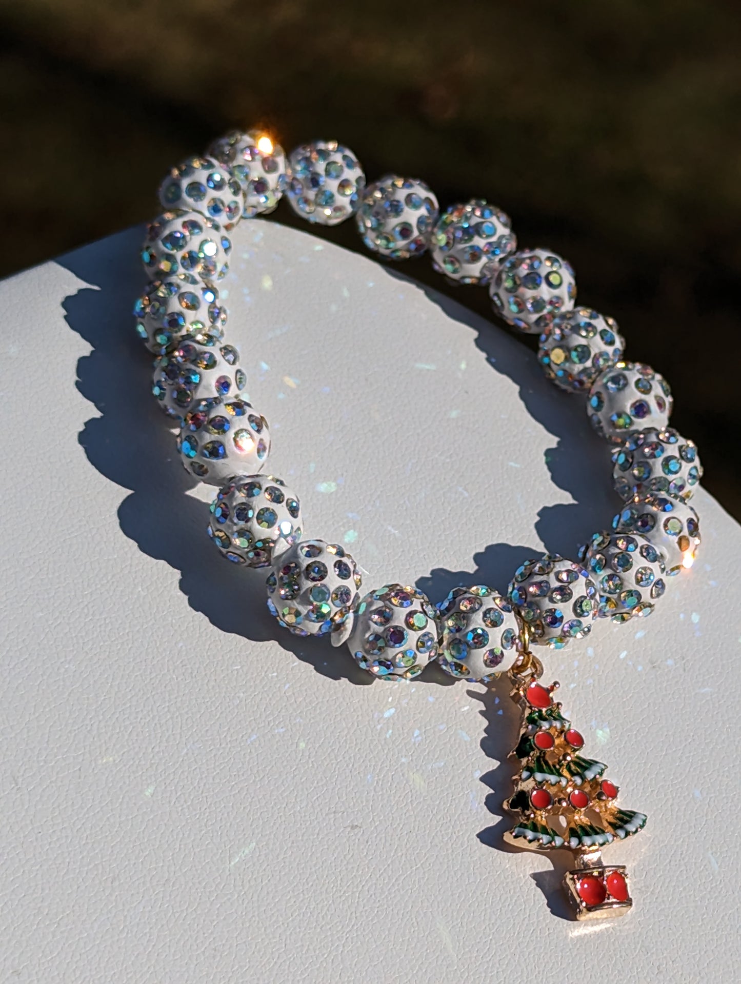 Stretchy White Christmas Balls Bracelet with Golden Tree Charm