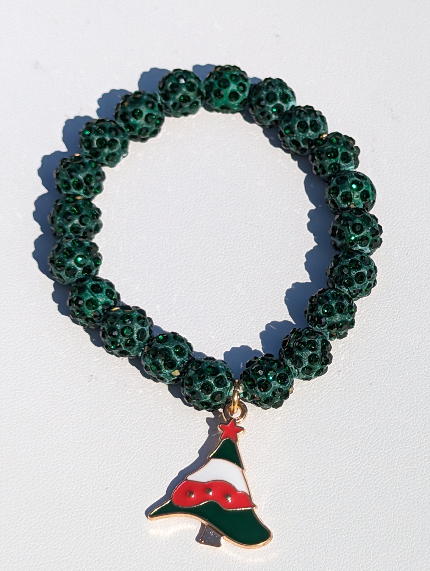 Stretchy Green Christmas Balls Bracelet with Red Green White Tree Charm