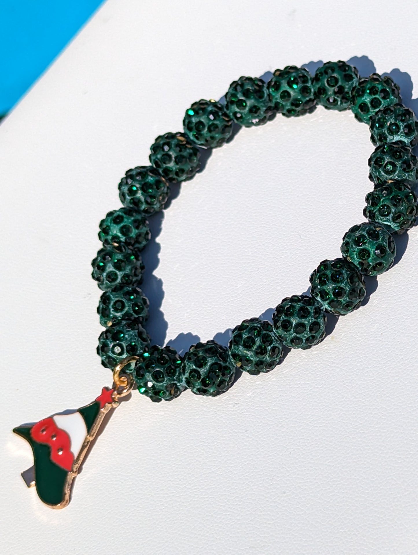 Stretchy Green Christmas Balls Bracelet with Red Green White Tree Charm